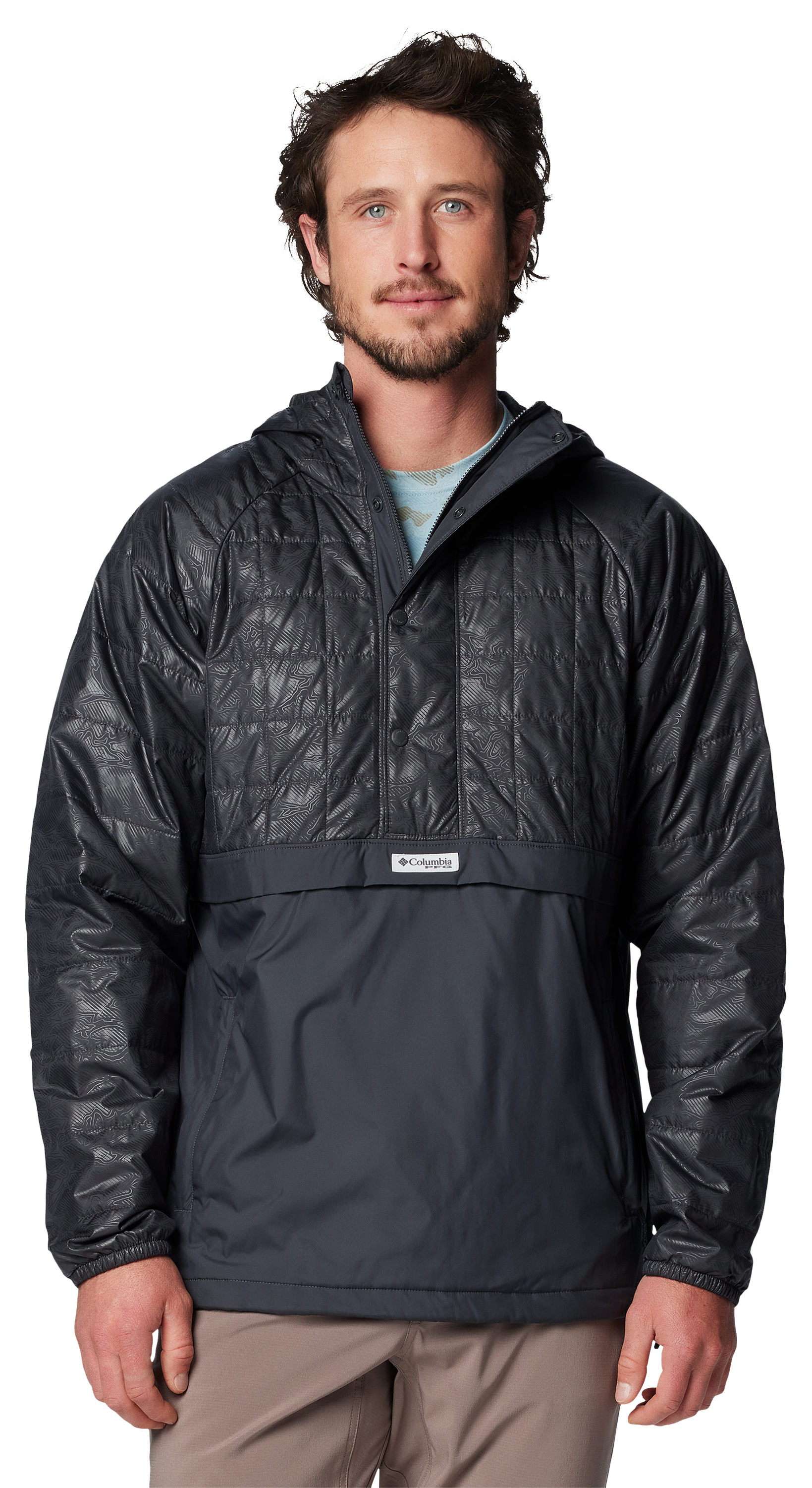 Image of Columbia PFG Uncharted Insulated Anorak Hooded Pullover for Men - Shark/Uncharted Waters Emboss - S