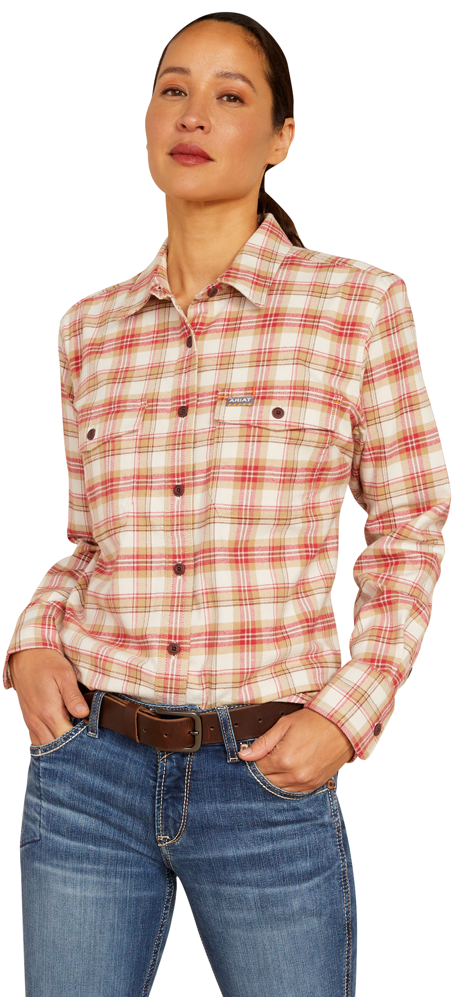 Image of Ariat Rebar Flannel DuraStretch Long-Sleeve Button-Down Work Shirt for Ladies - Almond Milk