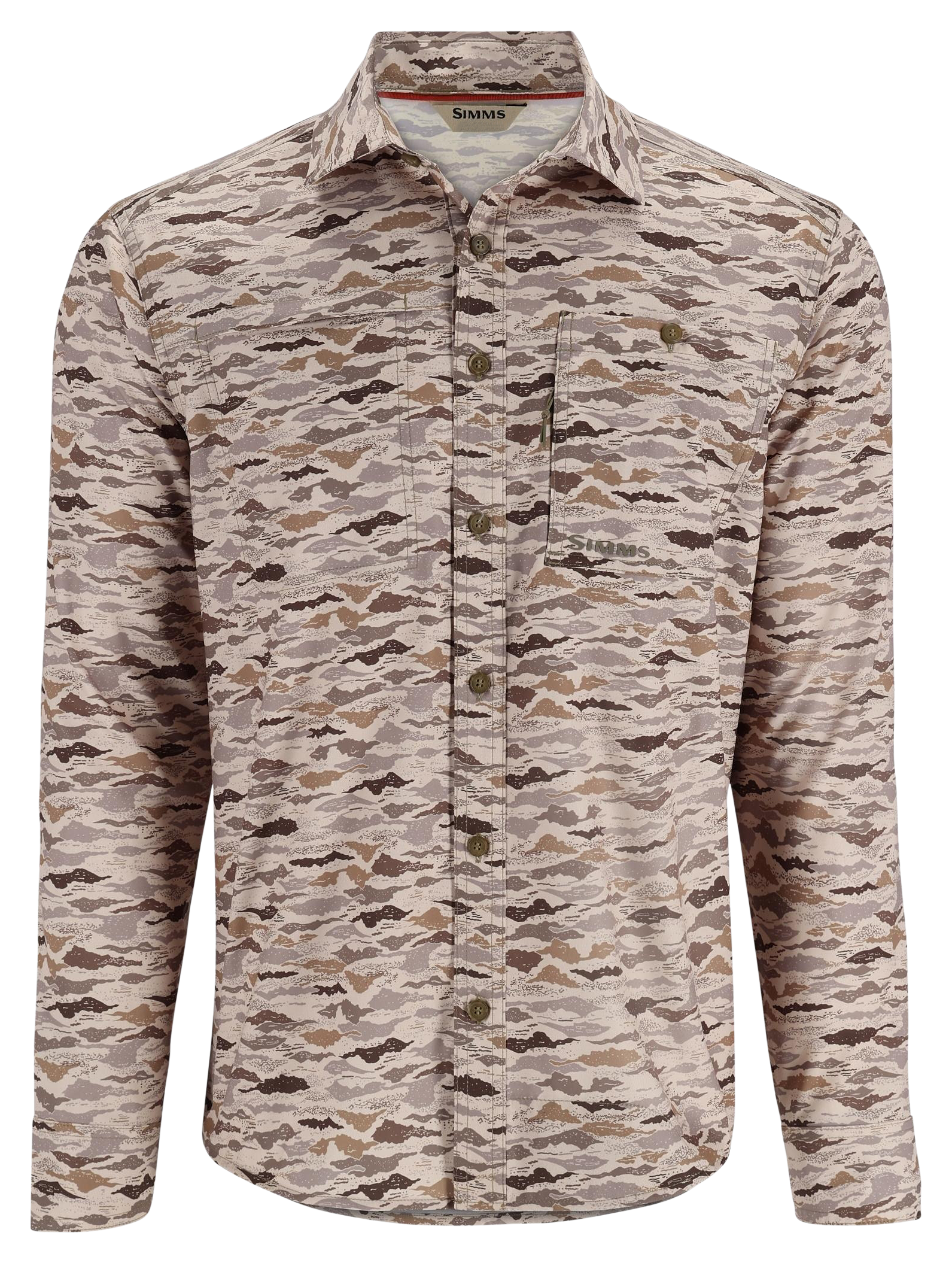 Image of Simms Challenger Long-Sleeve Shirt for Men - Sand Riverbed Print