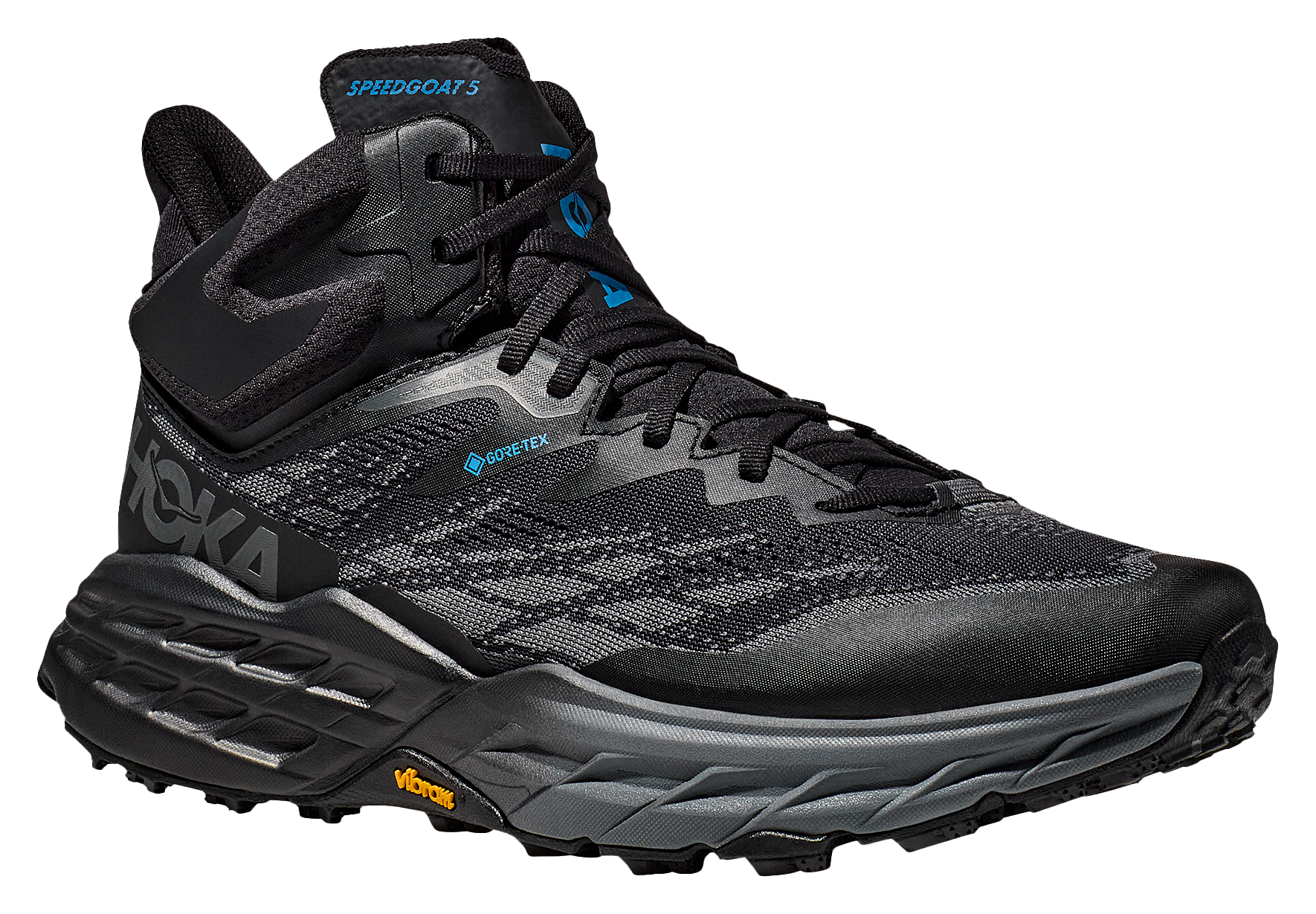 Image of Hoka Speedgoat 5 Mid GTX Waterproof Trail Running Shoes for Men - Black/Black - 8M