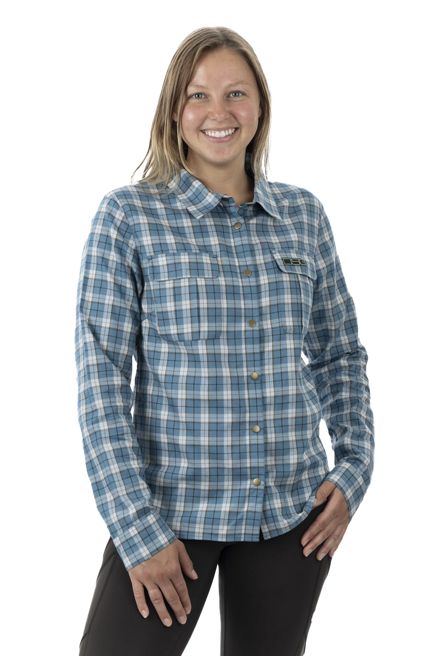 Image of DSG Outerwear Plaid Button-Down Long-Sleeve Shirt for Ladies - Steel Blue