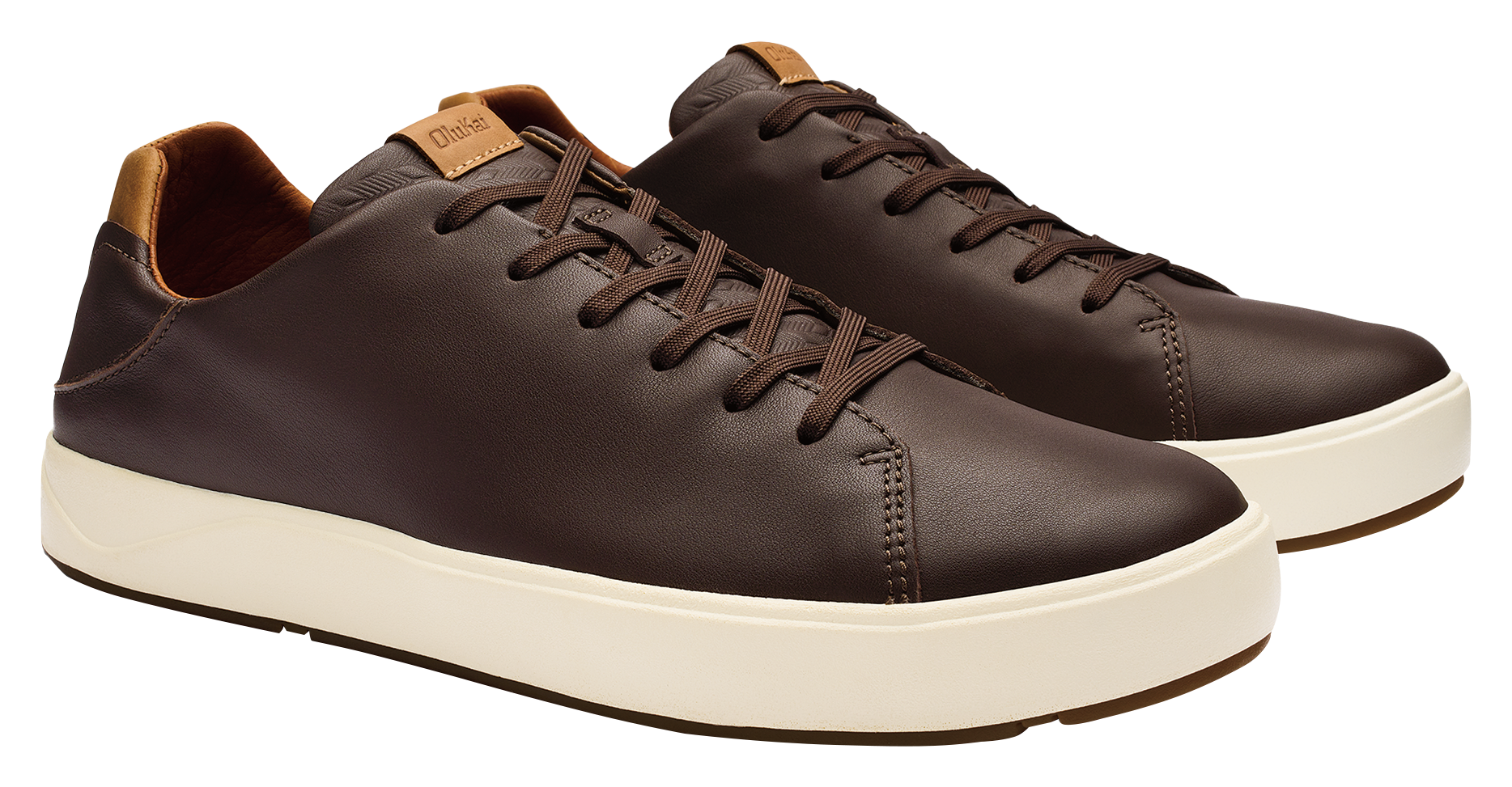 Image of OluKai Lae'Ahi Li 'Ili Waterproof Leather Sneakers for Men - Dark Java/Dark Java - 8M