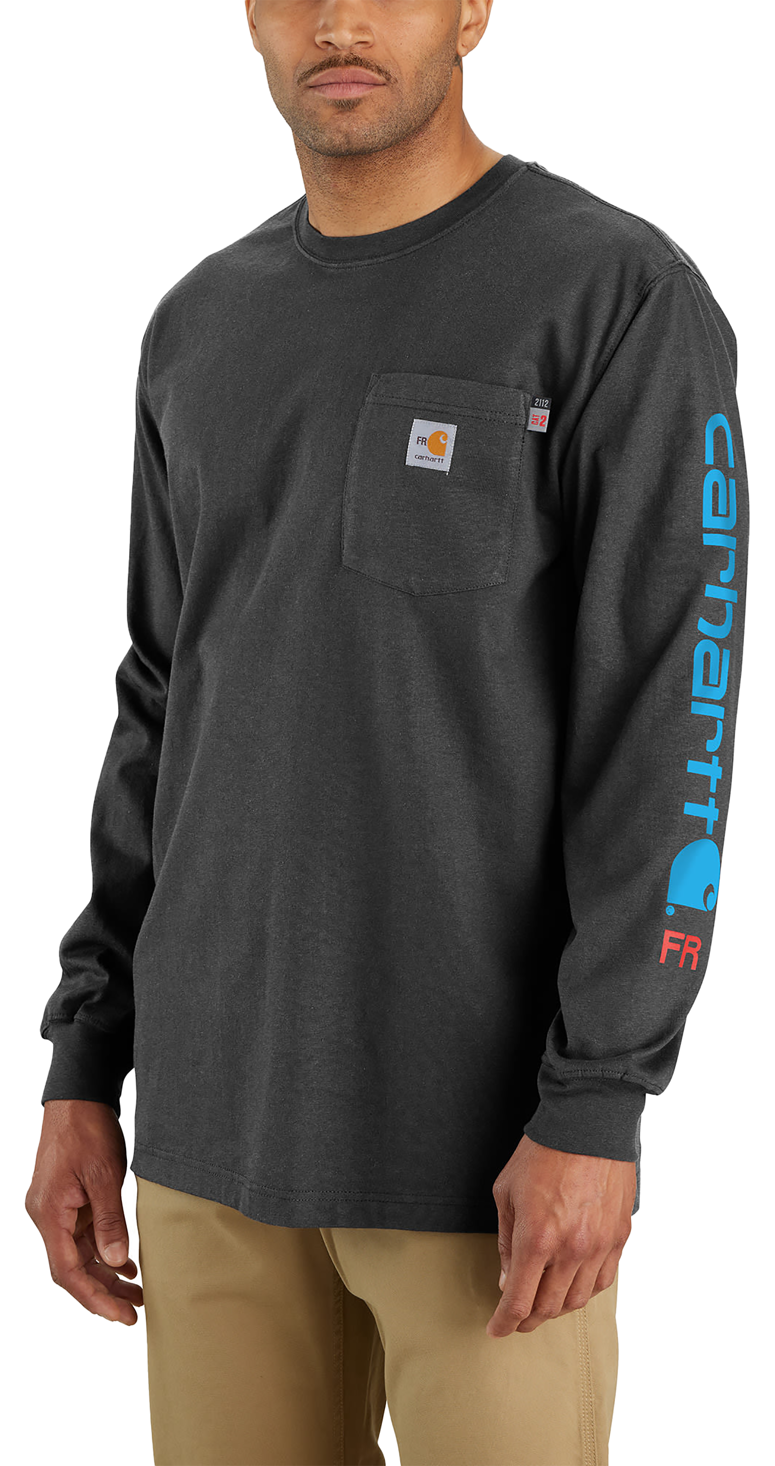 Image of Carhartt Force Flame-Resistant Loose-Fit Lightweight Logo Graphic Long-Sleeve T-Shirt for Men - Carbon Heather - M