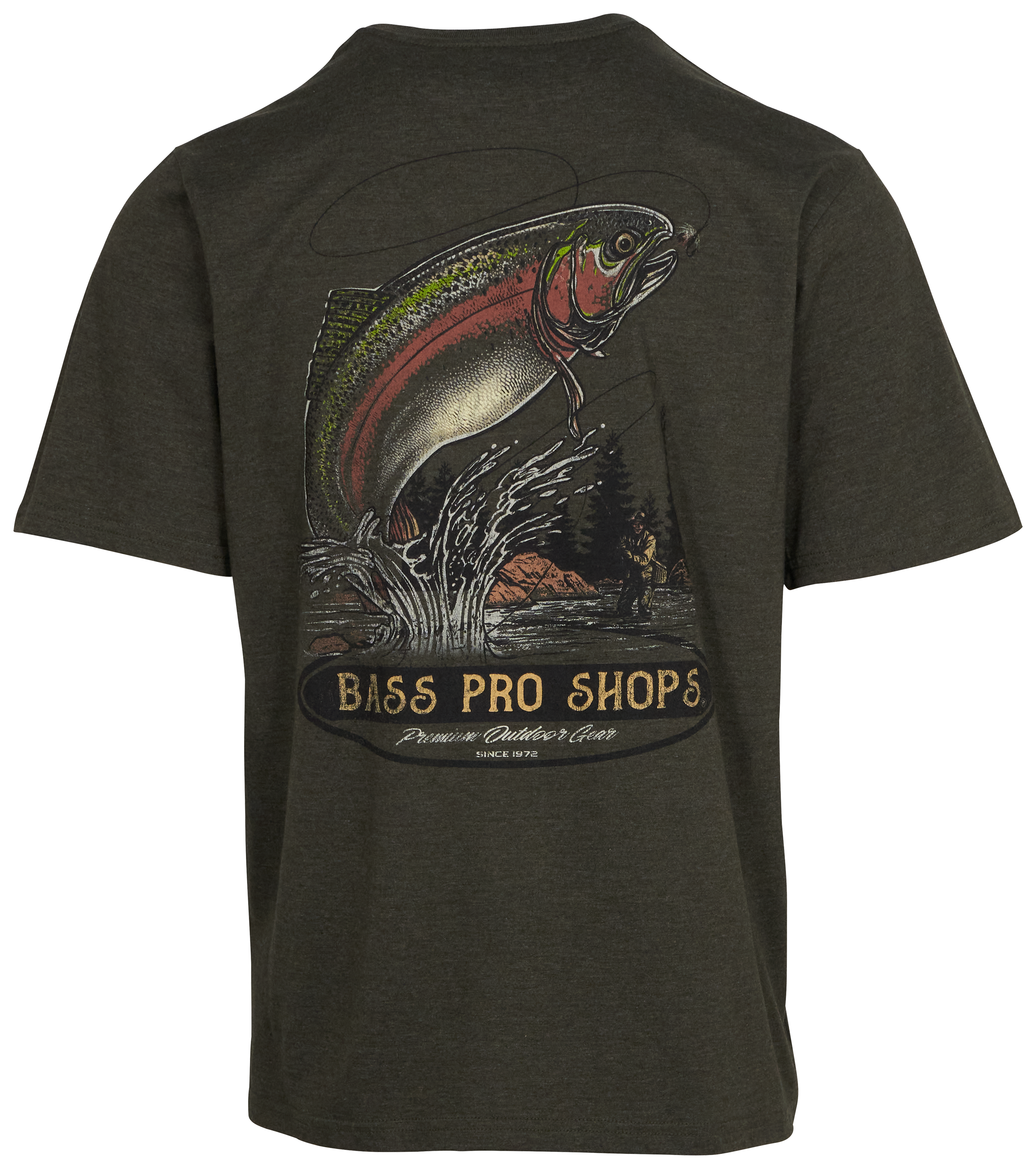 Image of Bass Pro Shops Vintage Rainbow Trout Fly Fishing Short-Sleeve T-Shirt for Men - Olive Heather - L