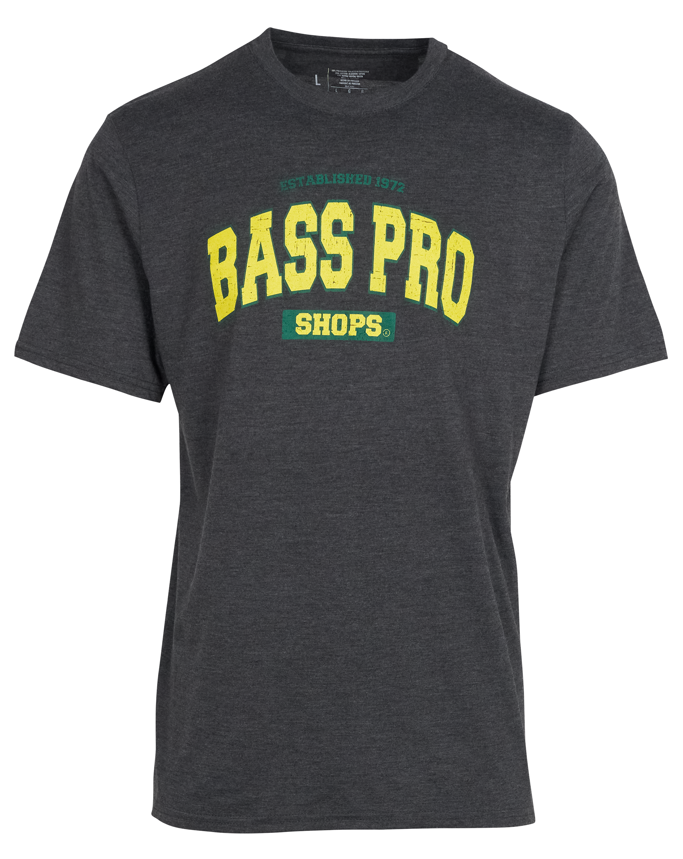 Image of Bass Pro Shops Varsity Short-Sleeve T-Shirt for Men - Charcoal/Yellow/Green