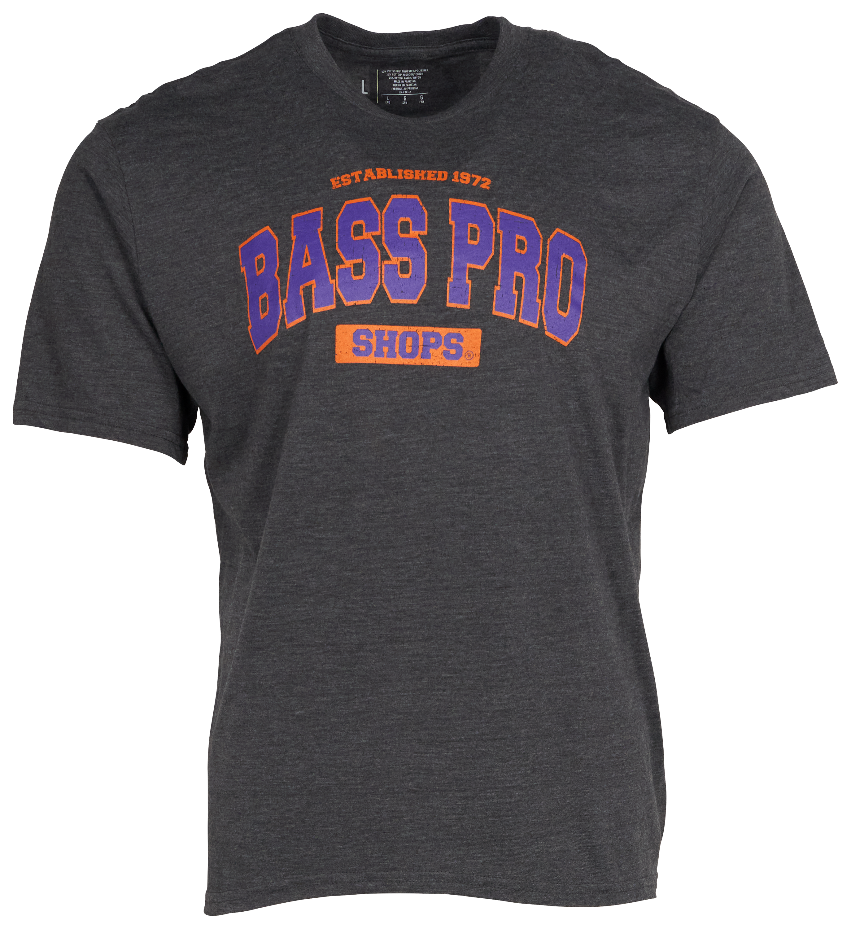 Image of Bass Pro Shops Varsity Short-Sleeve T-Shirt for Men - Charcoal/Purple/Orange