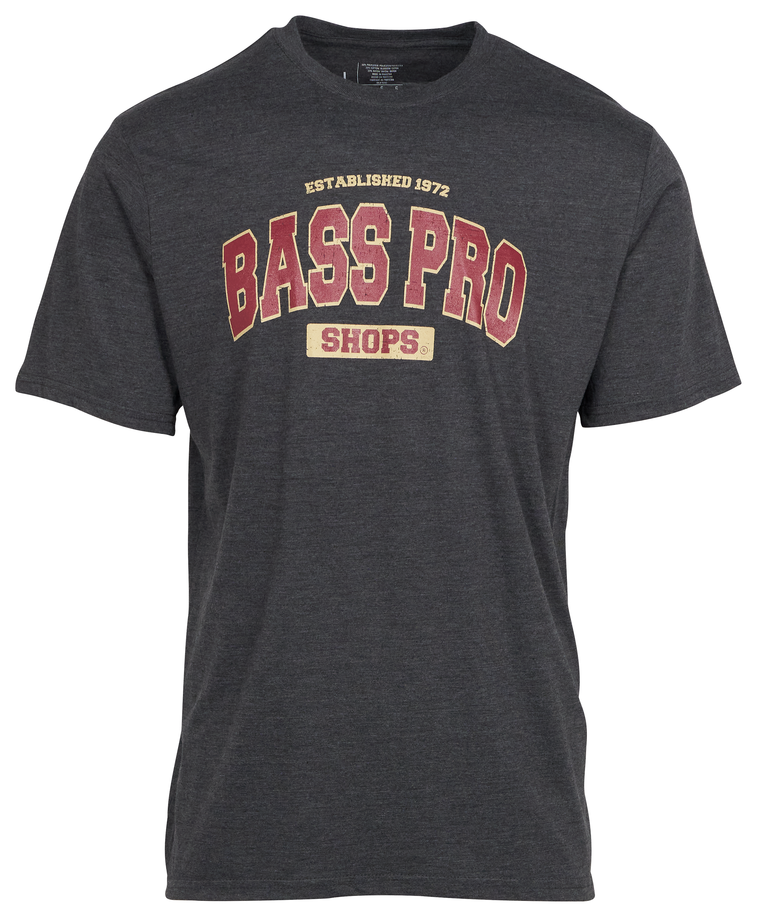 Image of Bass Pro Shops Varsity Short-Sleeve T-Shirt for Men - Charcoal/Garnet/Gold
