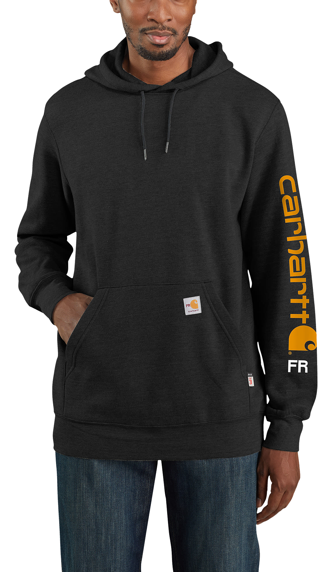 Image of Carhartt Force Flame-Resistant Loose-Fit Midweight Logo Graphic Long-Sleeve Hoodie for Men - Black