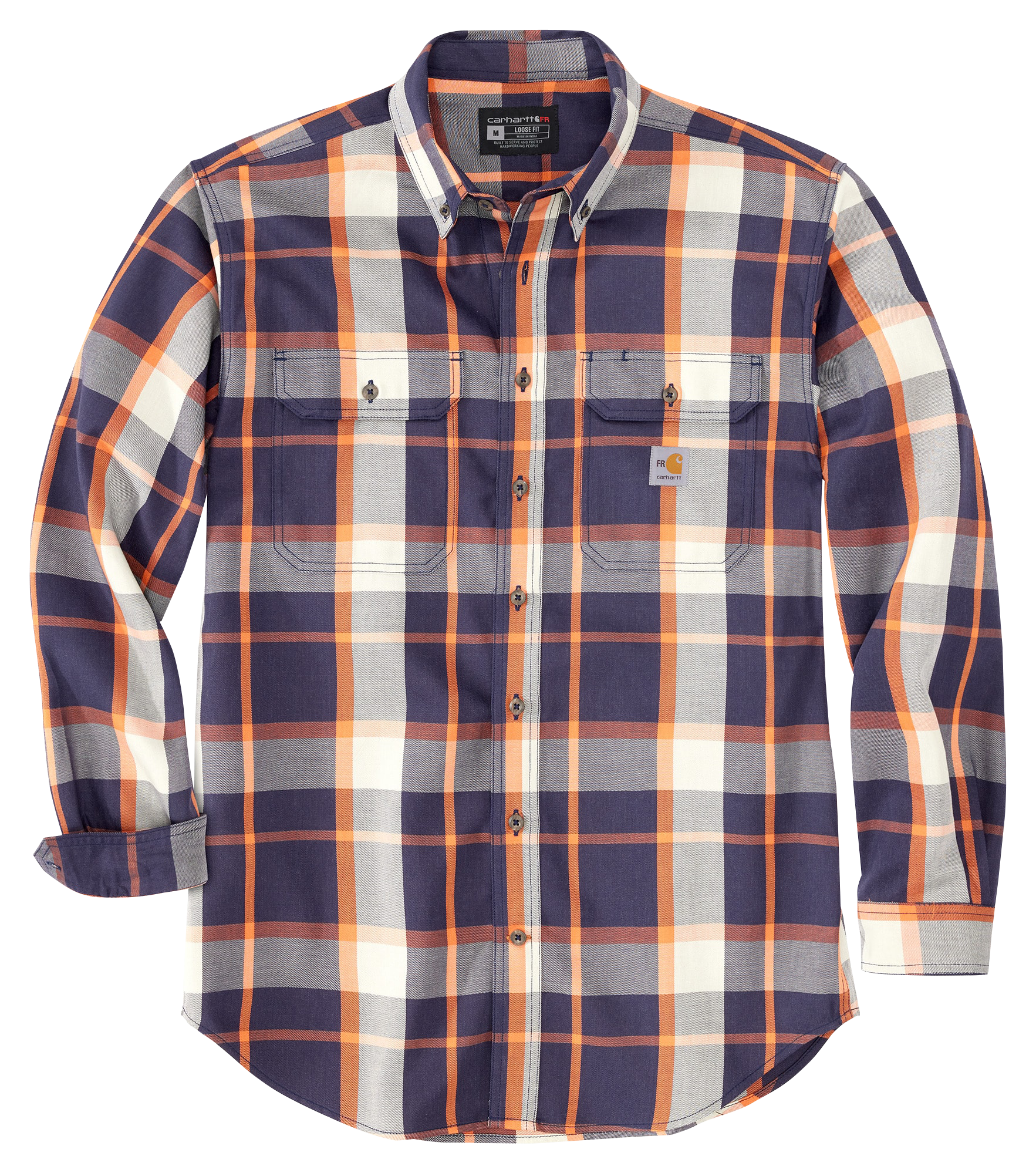 Image of Carhartt Flame-Resistant Force Rugged Flex Loose-Fit Twill Long-Sleeve Shirt for Men - Navy/Orange Flame - M