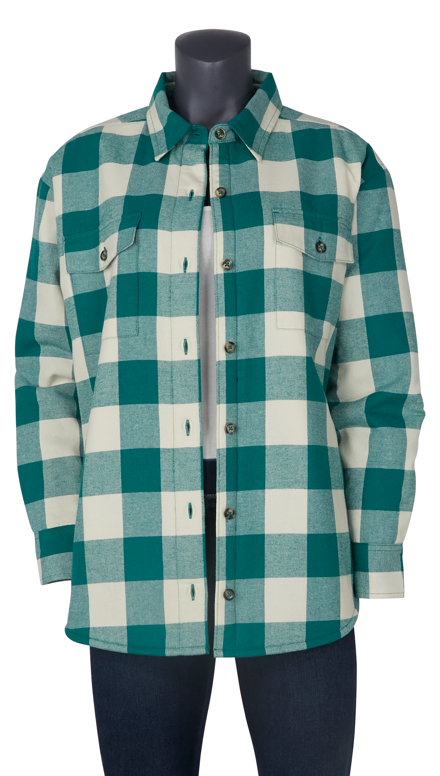 Image of Natural Reflections Sherpa-Lined Flannel Long-Sleeve Shirt - Green/Cream Buffalo