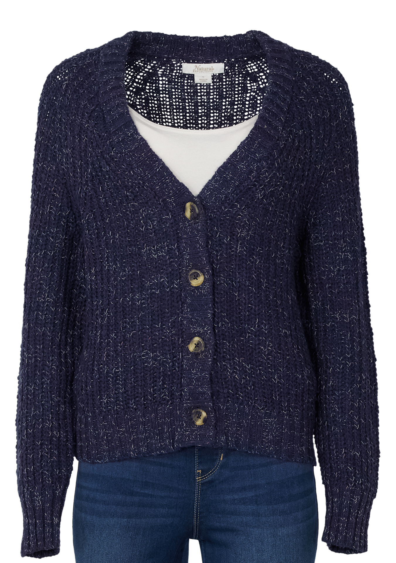 Image of Natural Reflections Aspen Fleck Cardigan - Navy Fleck - M