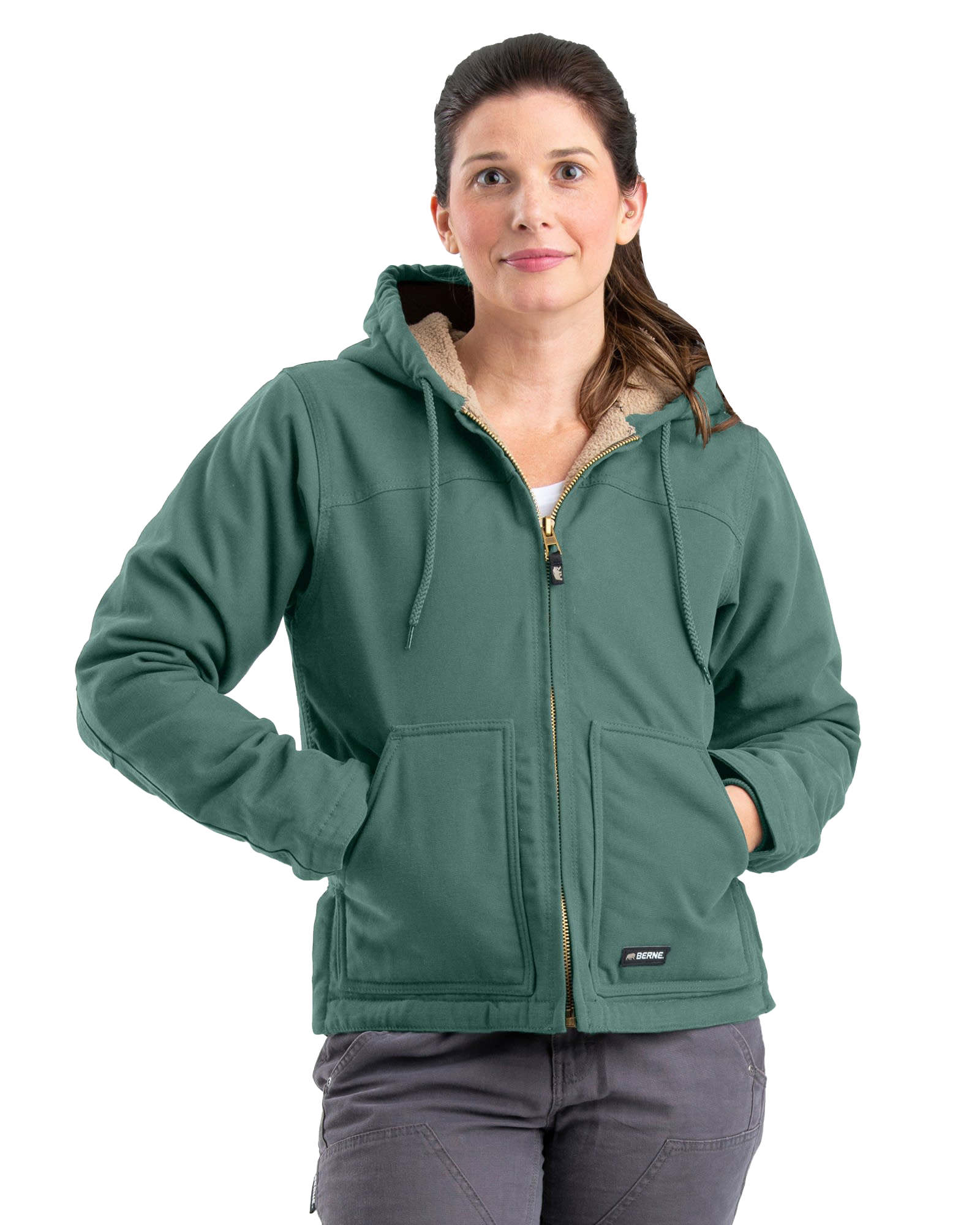 Image of Berne Sherpa-Lined Softstone Duck Hooded Jacket for Ladies - Eucalyptus - XL