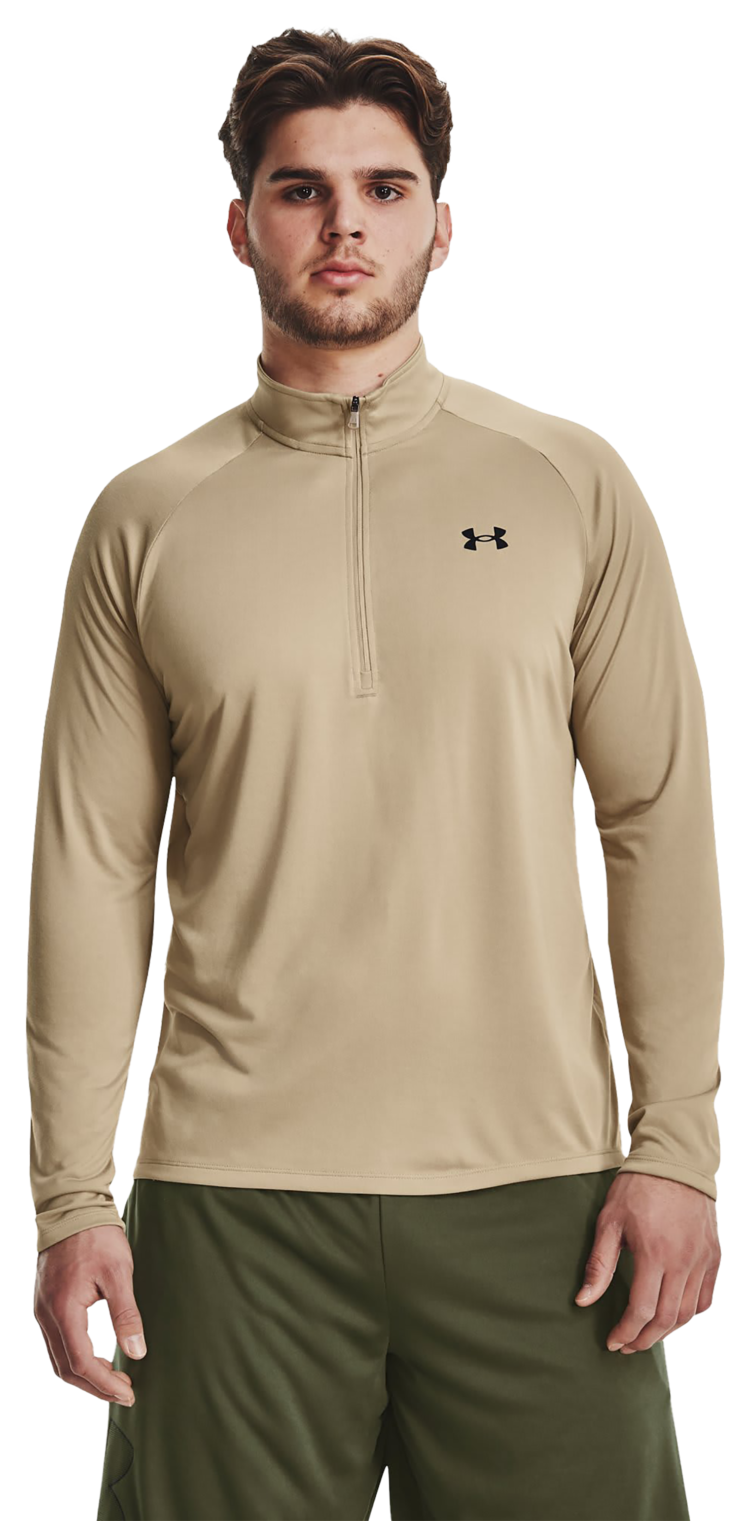 Image of Under Armour UA Tech Half-Zip Long-Sleeve Shirt for Men - City Khaki/Black - M
