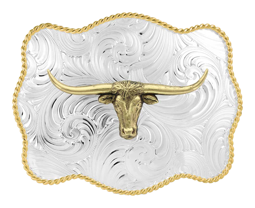 Image of Montana Silversmiths Bold Engraved Longhorn Scalloped Belt Buckle