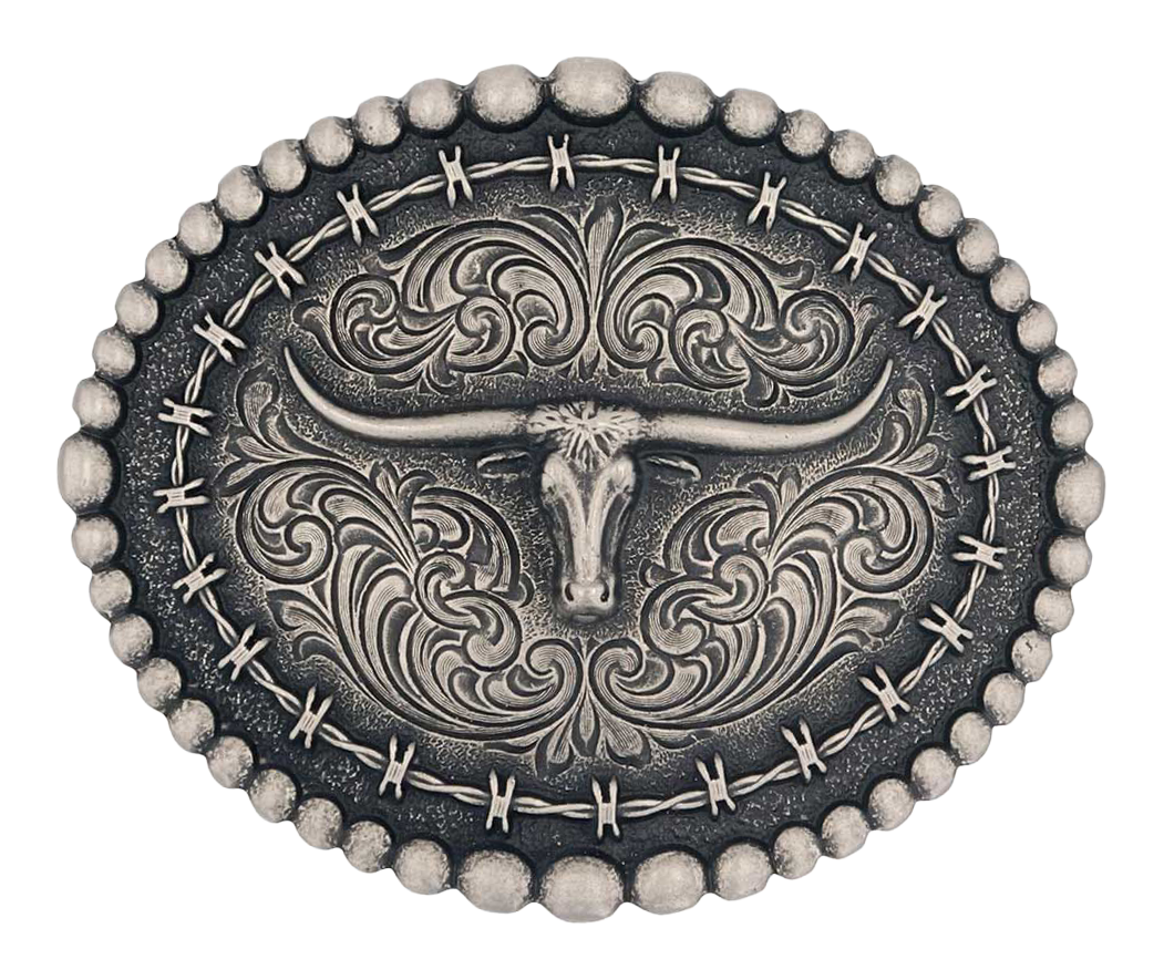 Image of Montana Silversmiths Rustic Barbed Wire Longhorn Belt Buckle