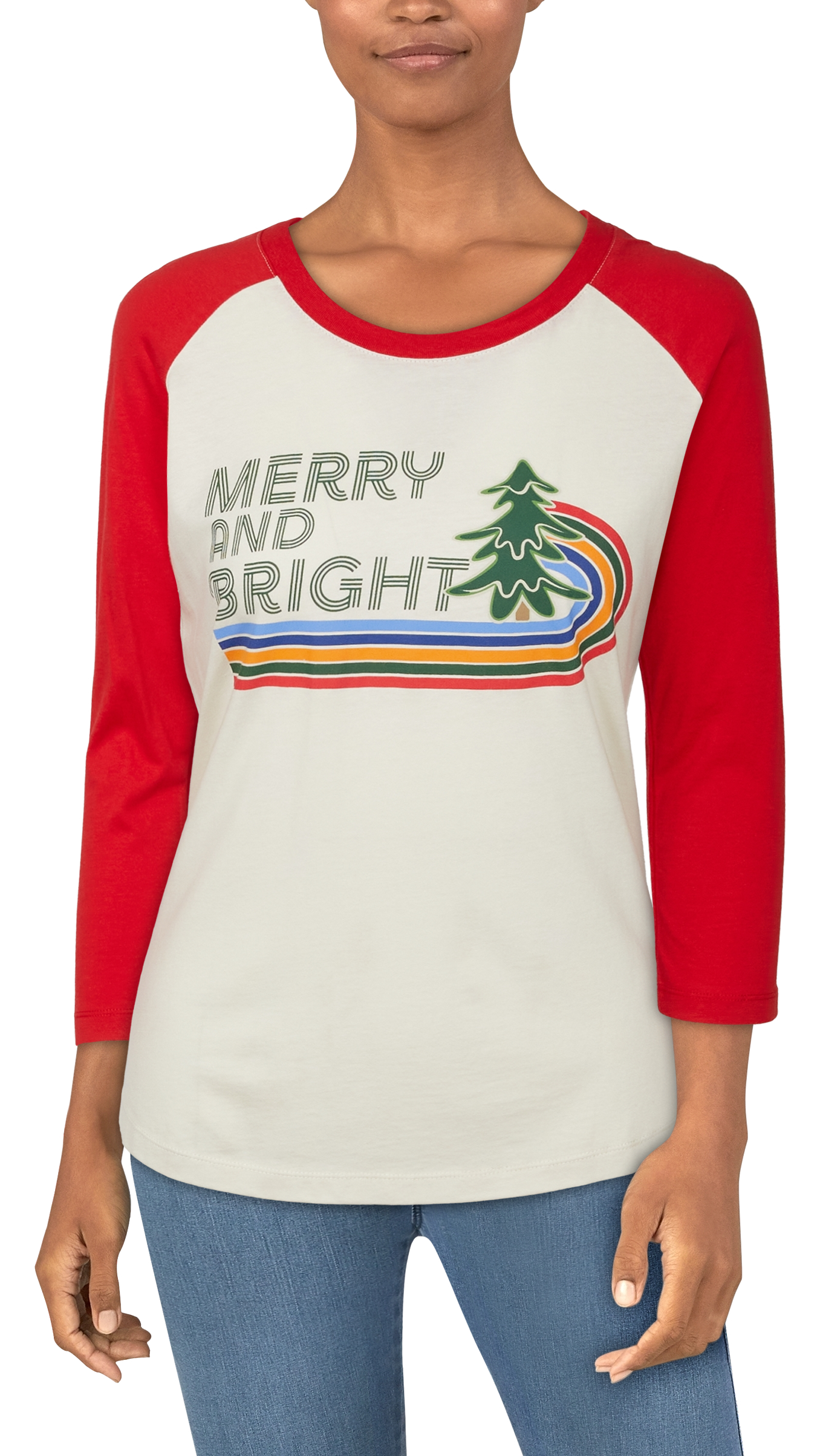 NATURAL REFLECTIONS Merry and Bright Long-Sleeve Baseball T-Shirt for Ladies