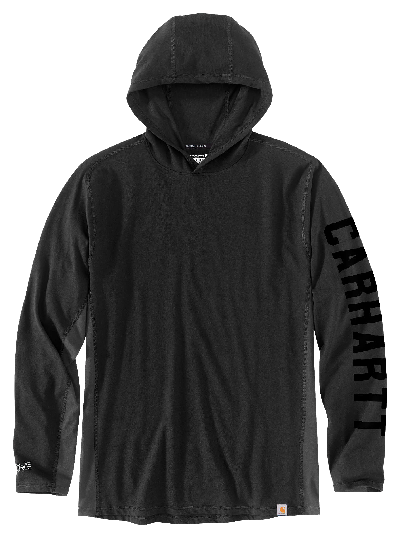 Image of Carhartt Force Relaxed Fit Midweight Logo Graphic Long-Sleeve Hooded T-Shirt - Black