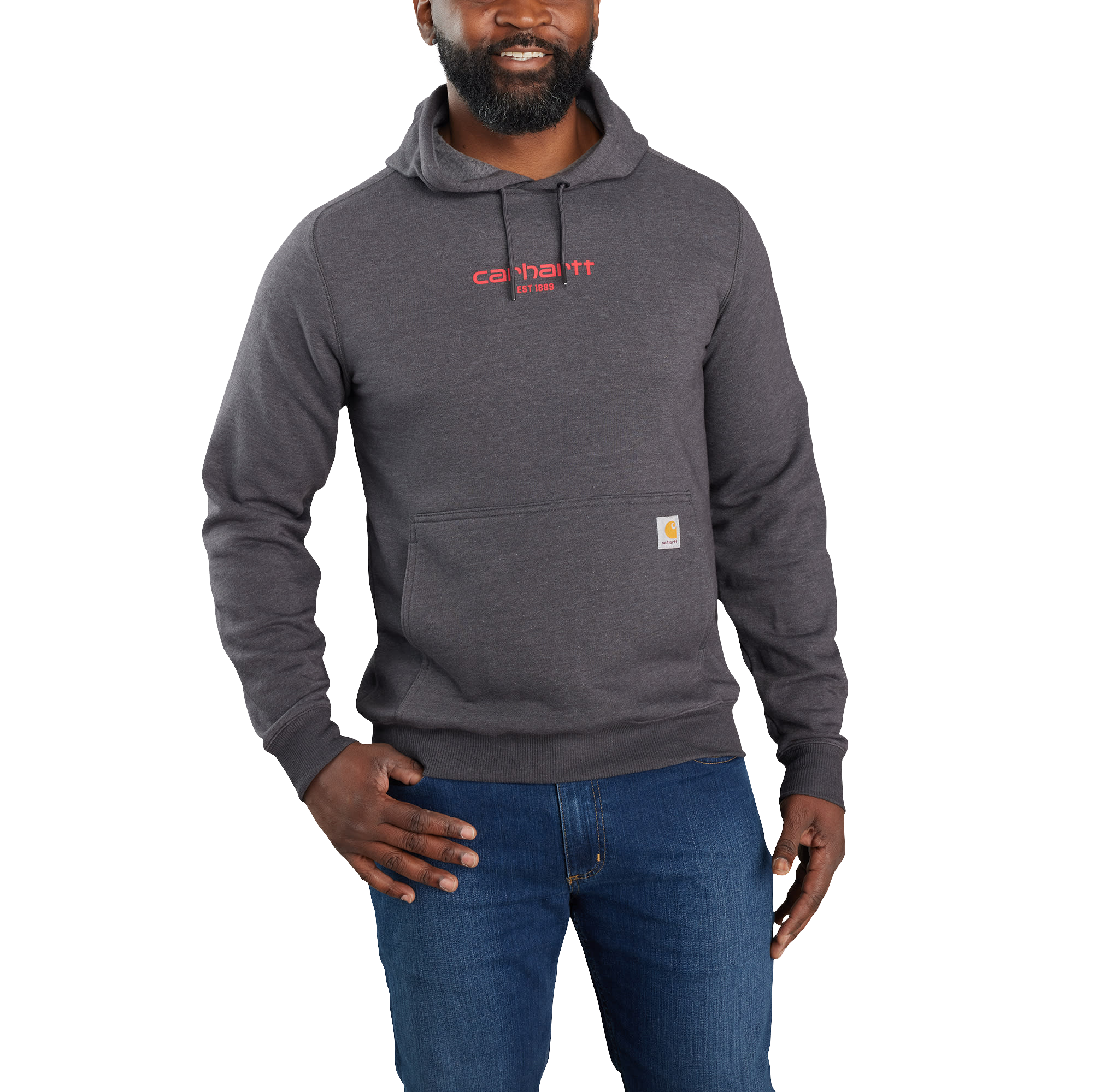 Image of Carhartt Force Relaxed-Fit Lightweight Logo Graphic Long-Sleeve Hoodie for Men - Carbon Heather - S