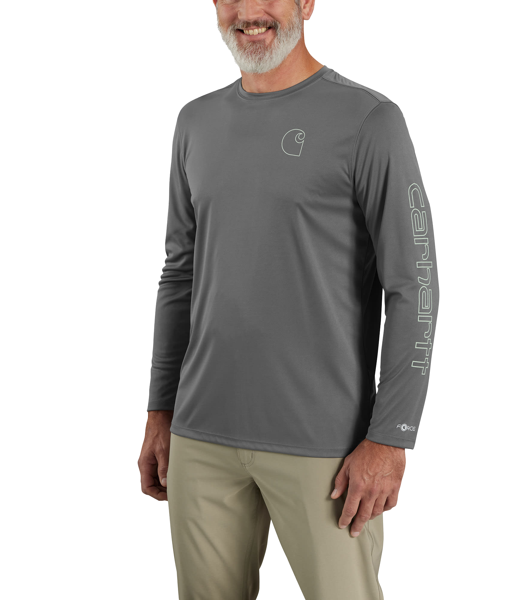 Image of Carhartt Force Sun Defender Logo Graphic Lightweight Long-Sleeve T-Shirt for Men - Steel