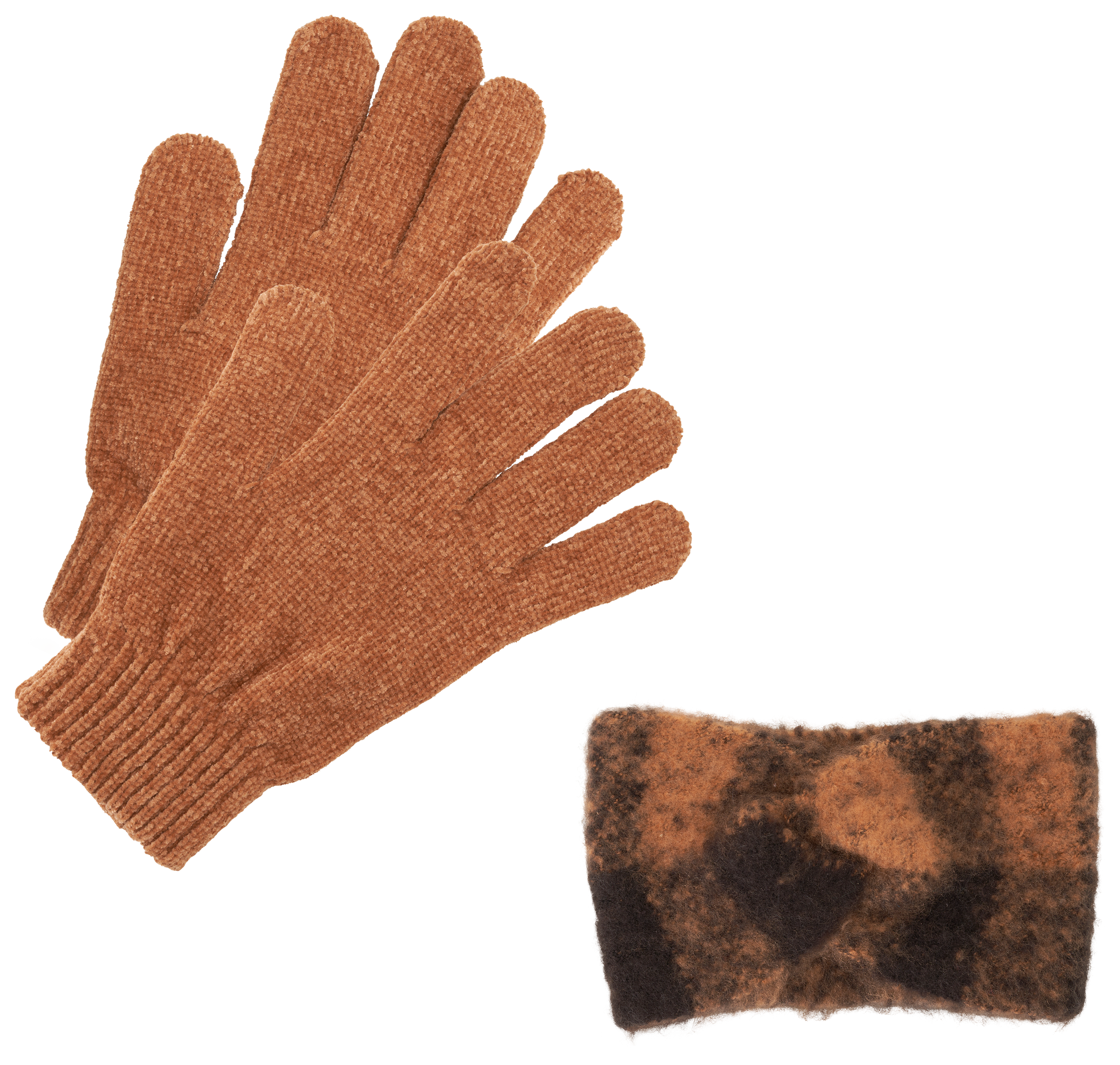 Image of Natural Reflections Boucle Twisted Headband and Glove Set for Ladies - Tan/Black Buffalo