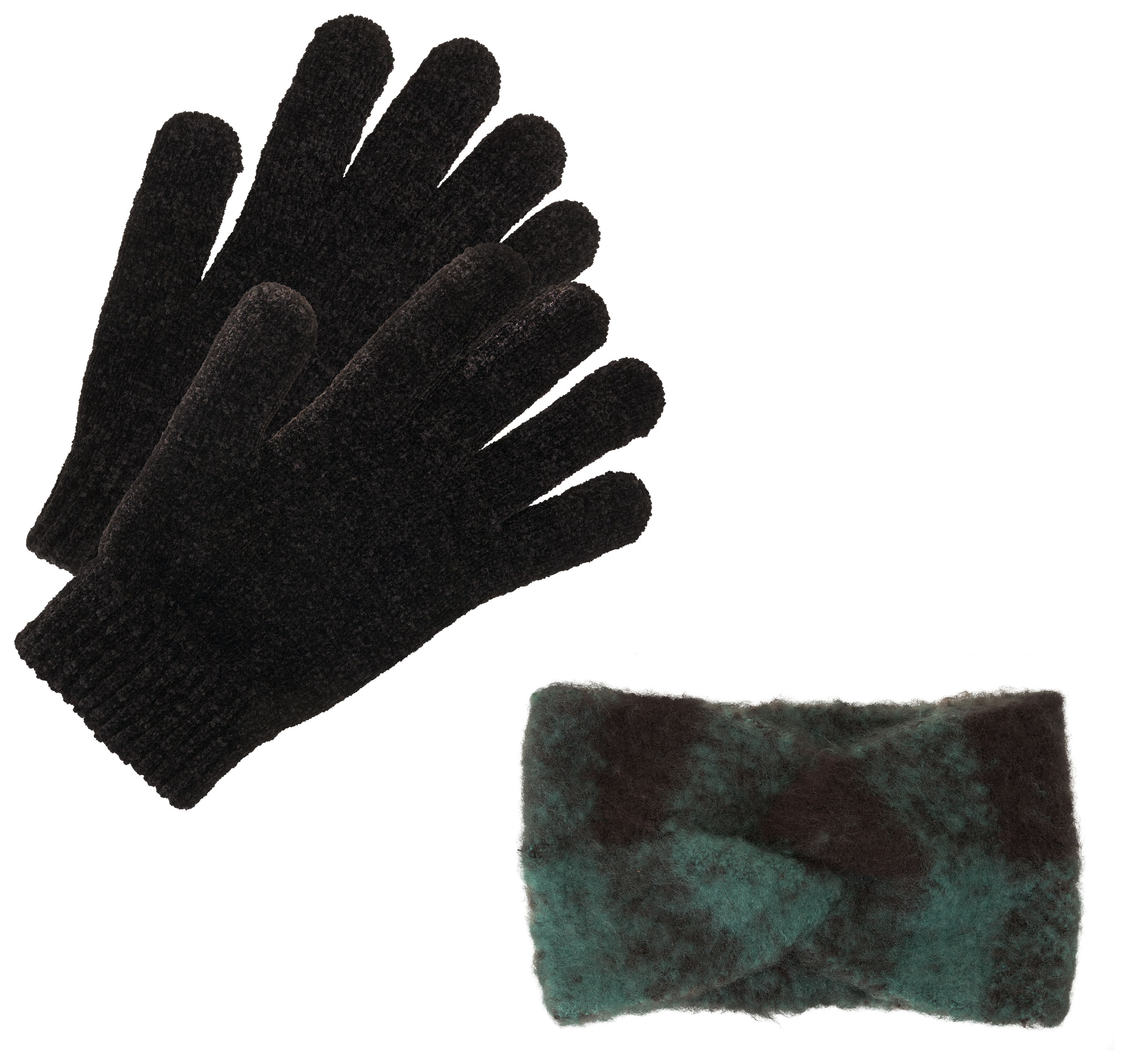 Image of Natural Reflections Boucle Twisted Headband and Glove Set for Ladies - Evergreen/Black Buffalo