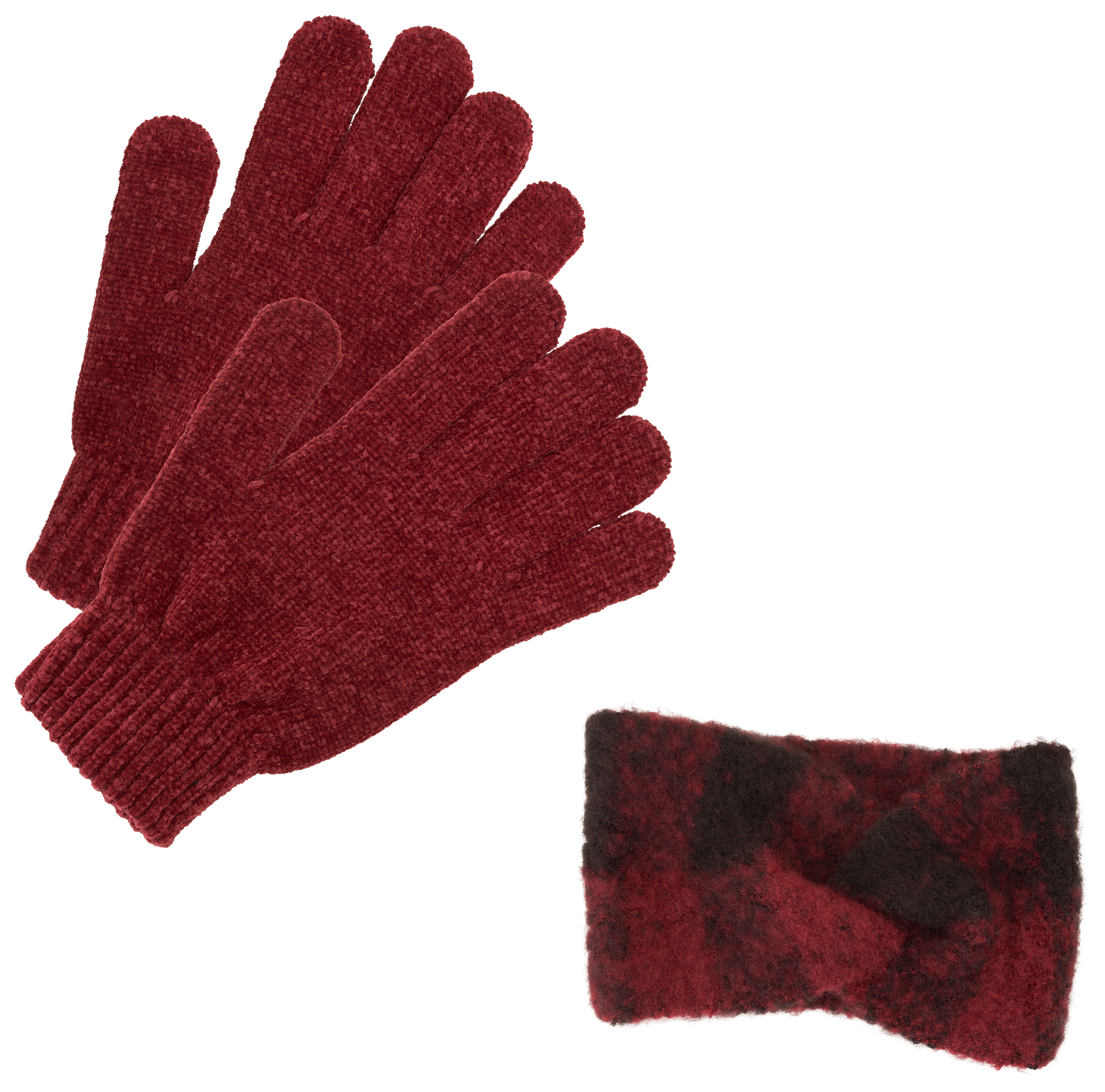 Image of Natural Reflections Boucle Twisted Headband and Glove Set for Ladies - Red/Black Buffalo