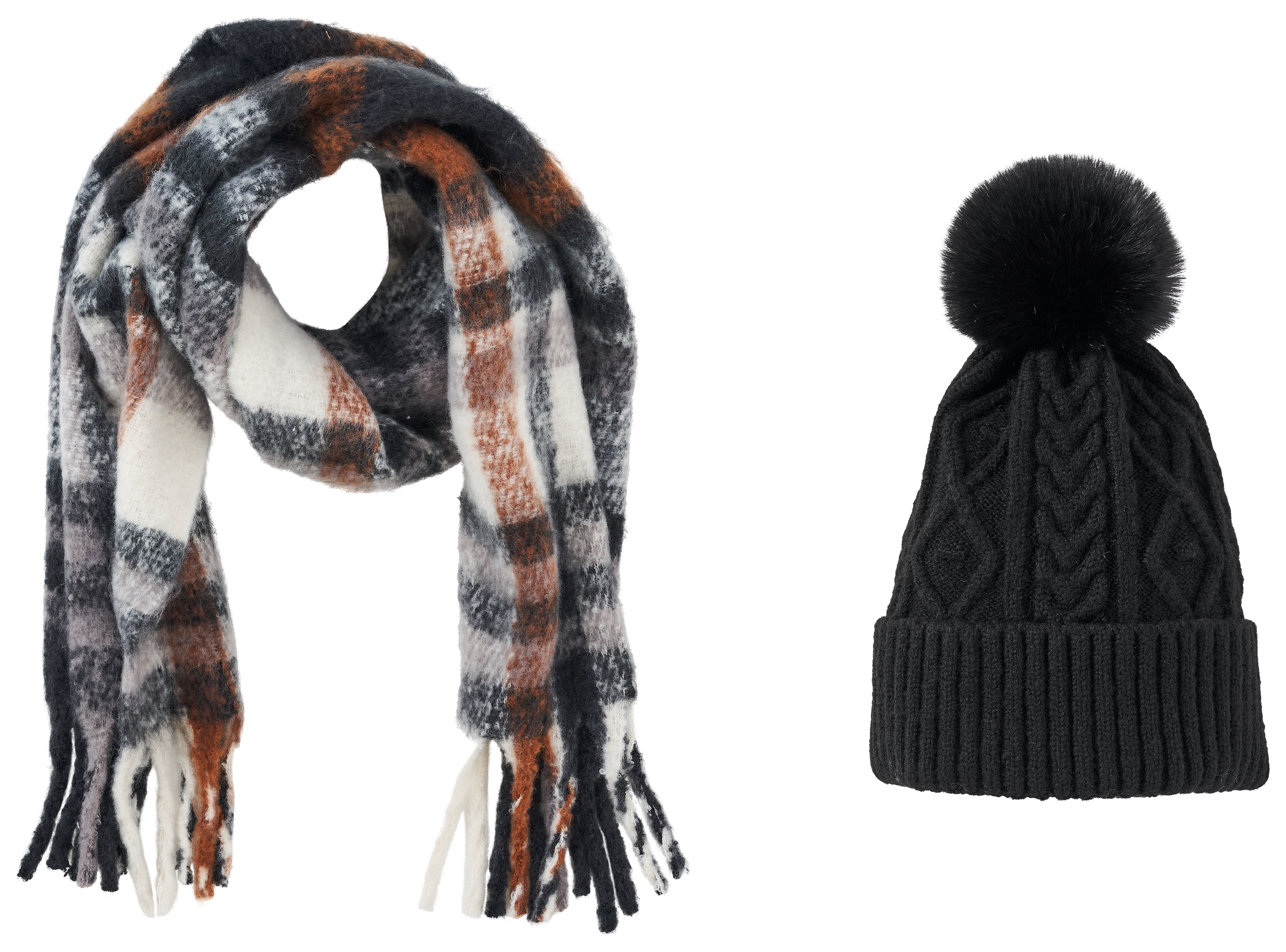 Image of Natural Reflections Pom Beanie Scarf Set for Ladies - Black/Tan Plaid