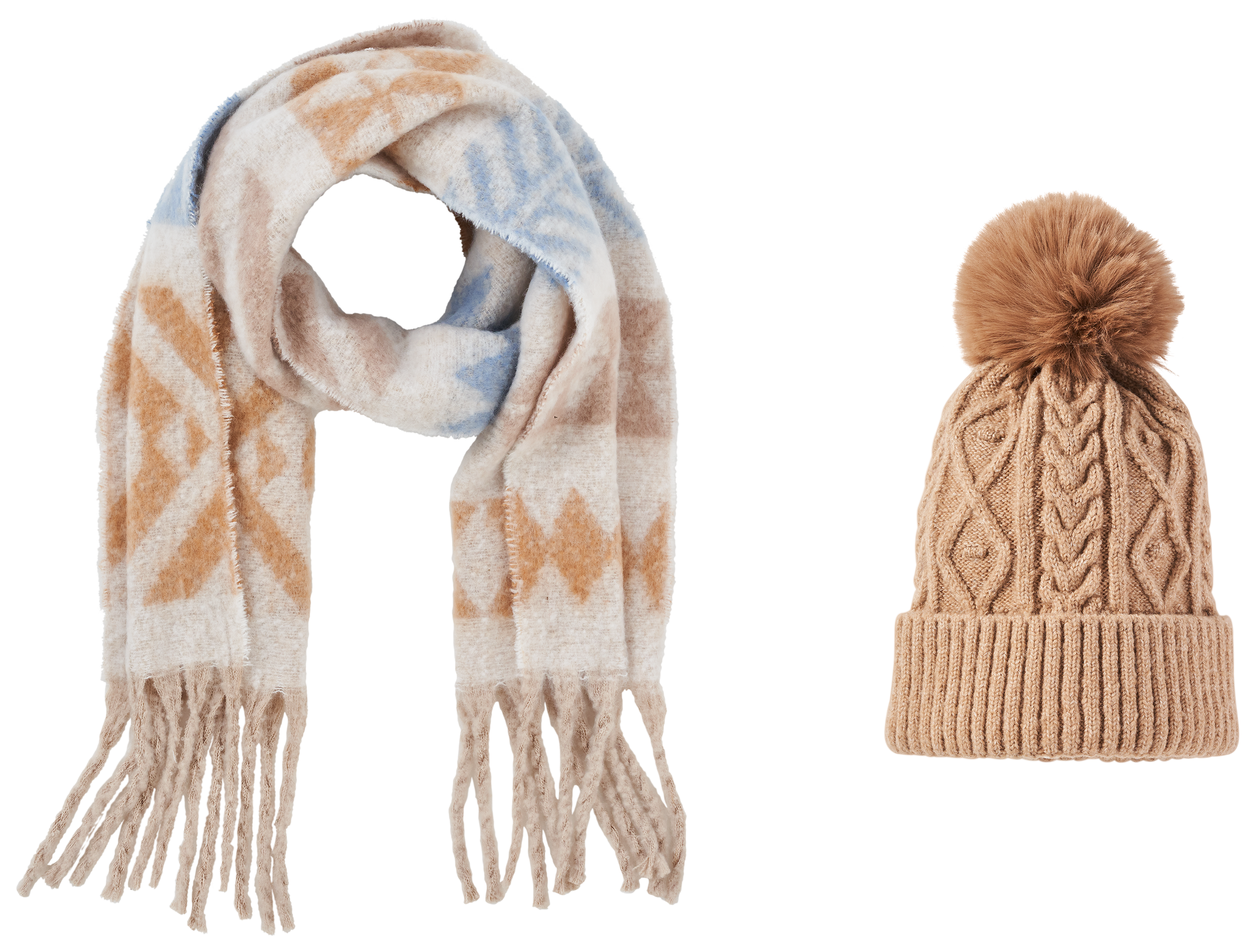 Image of Natural Reflections Pom Beanie Scarf Set for Ladies - Winter Wheat