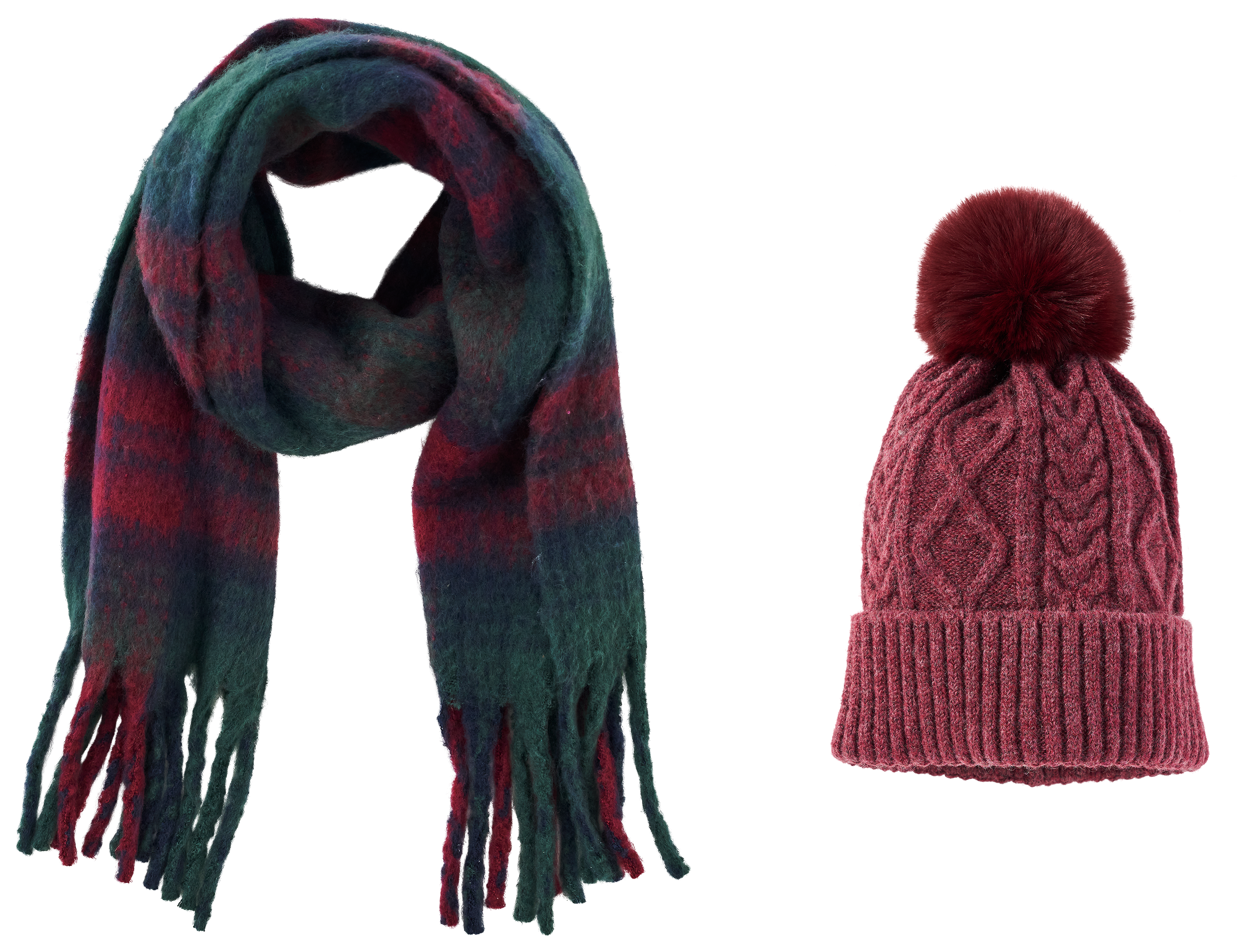 Image of Natural Reflections Pom Beanie Scarf Set for Ladies - Classic Blackwatch