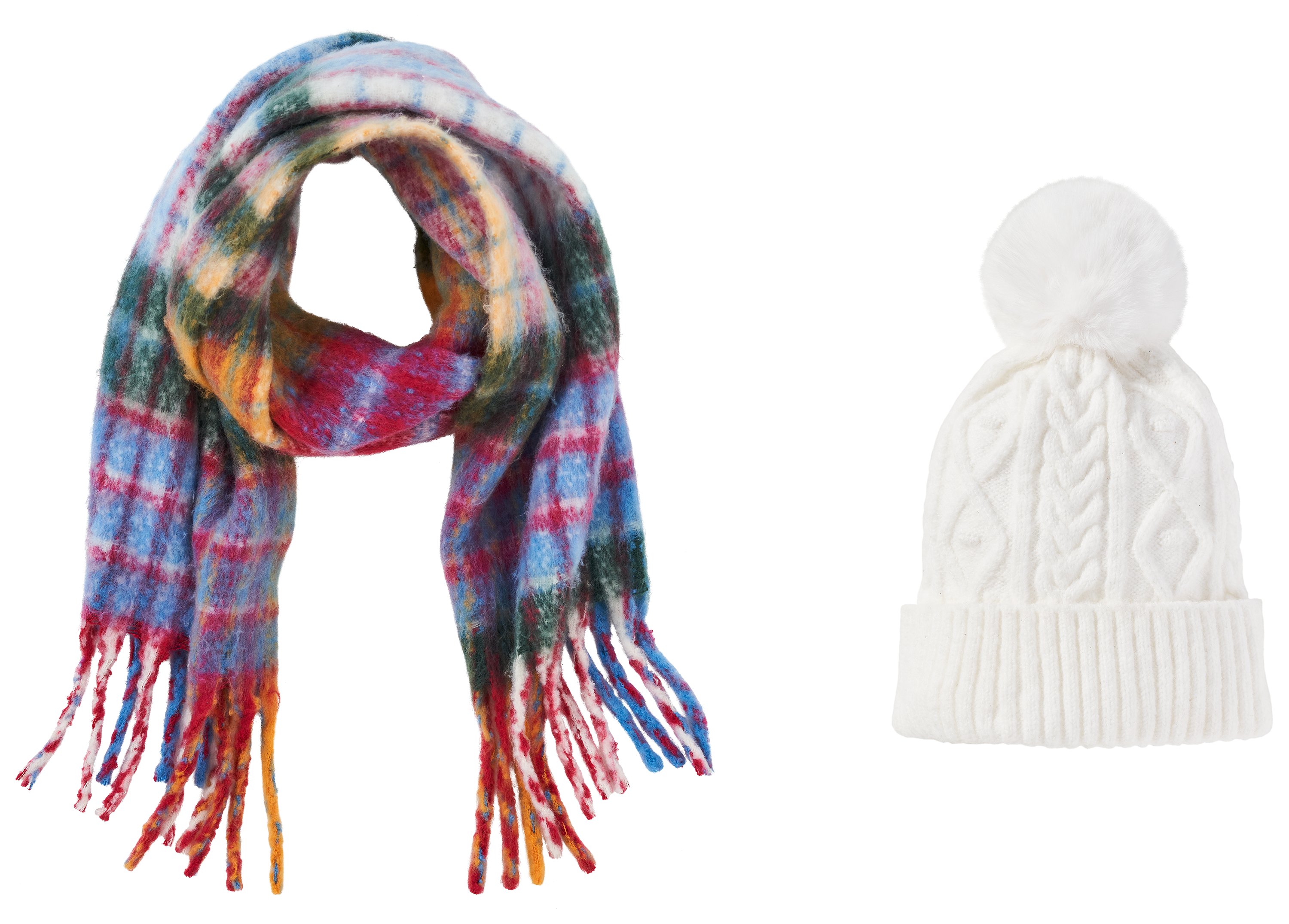 Image of Natural Reflections Pom Beanie Scarf Set for Ladies - Kaleidoscope Plaid