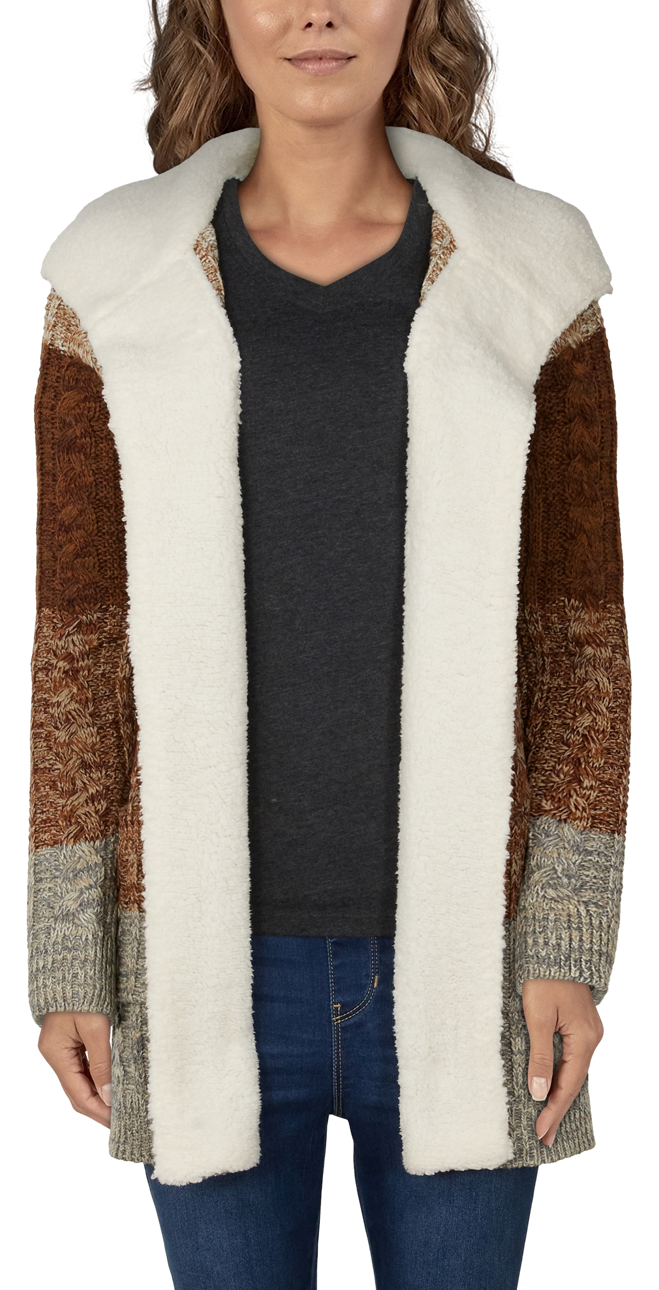 NATURAL REFLECTIONS Stripe Sherpa Hooded Long-Sleeve Cardigan for Ladies