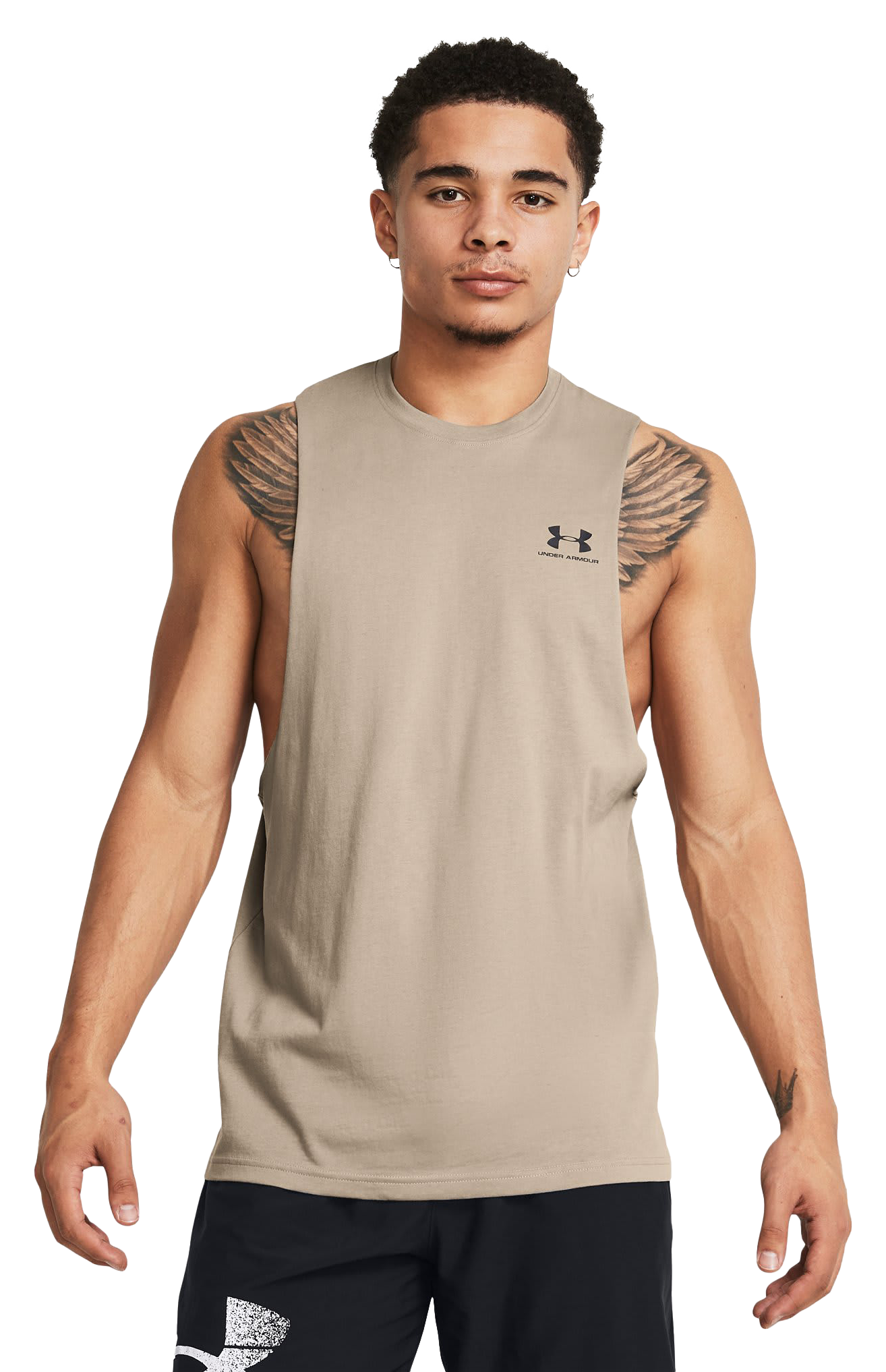 Image of Under Armour Sportstyle Left Chest Cut-Off Tank for Men - Timberwolf Taupe/Black - M
