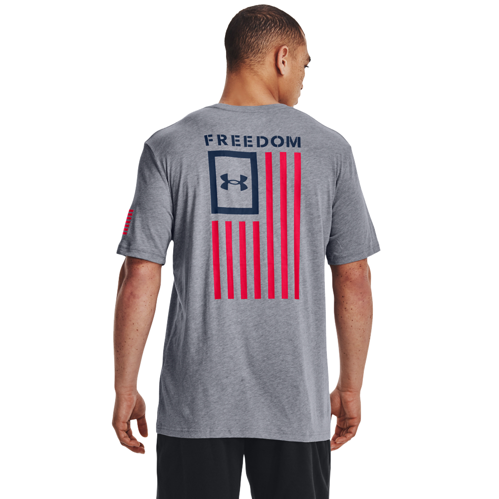 Image of Under Armour Freedom Flag Short-Sleeve T-Shirt for Men - Steel Light Heather/Red/Blackout Navy