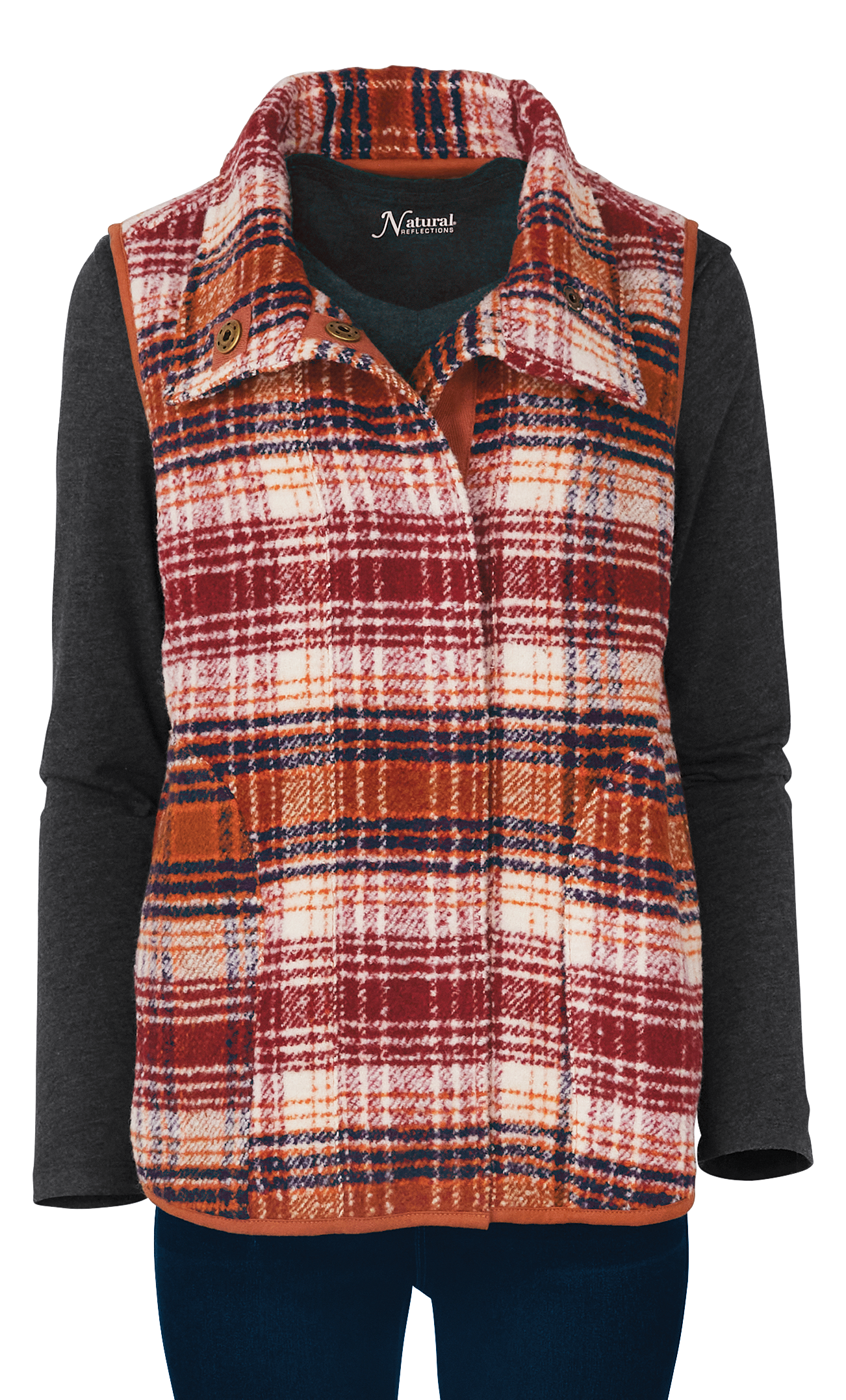 Image of Natural Reflections Lined Plaid Vest - Mocha Red Plaid