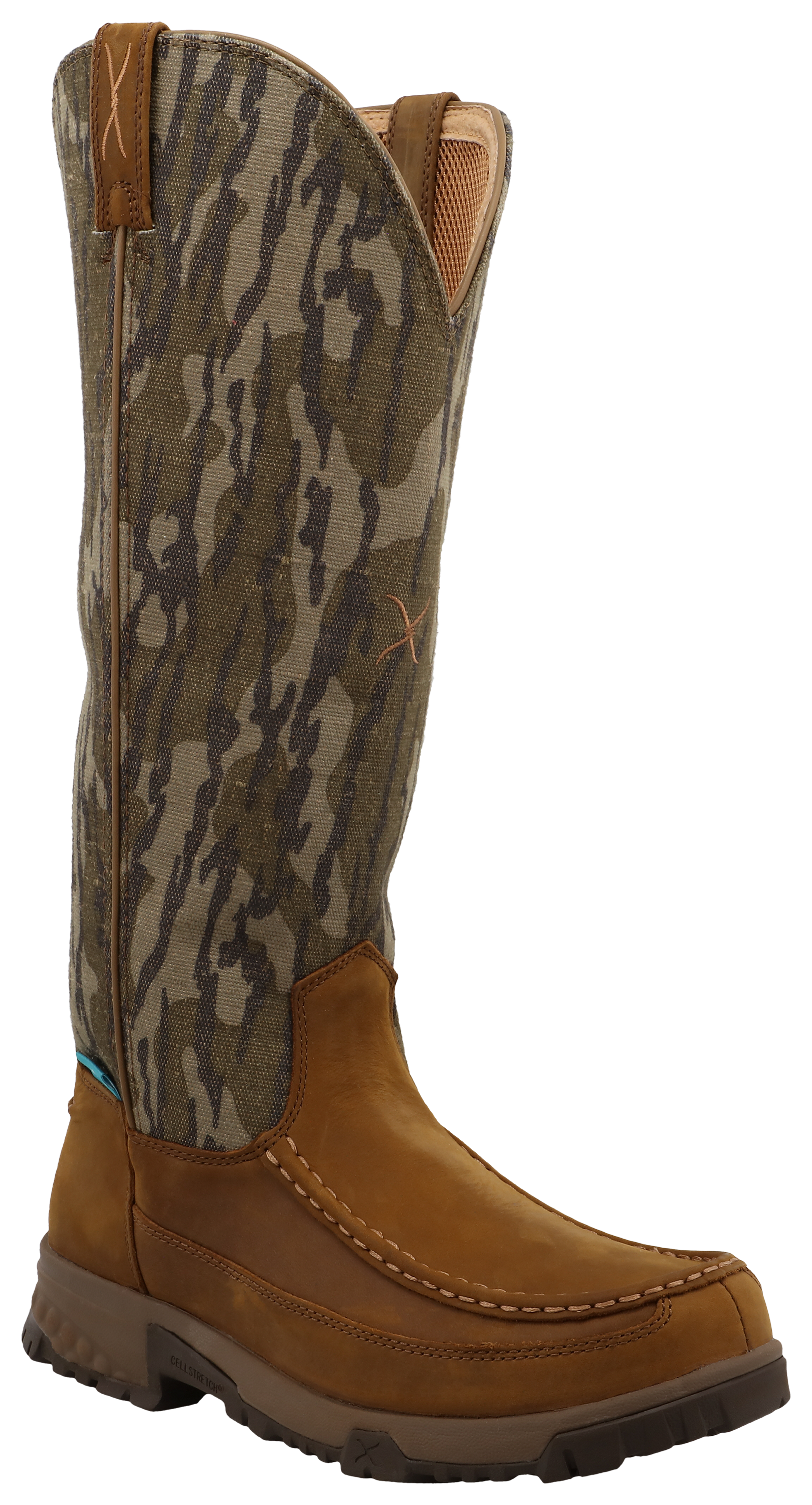 Image of Twisted X Waterproof Moc Toe Back-Zip Snake Boots for Men - Mossy Oak Bottomland/Brown - 11M