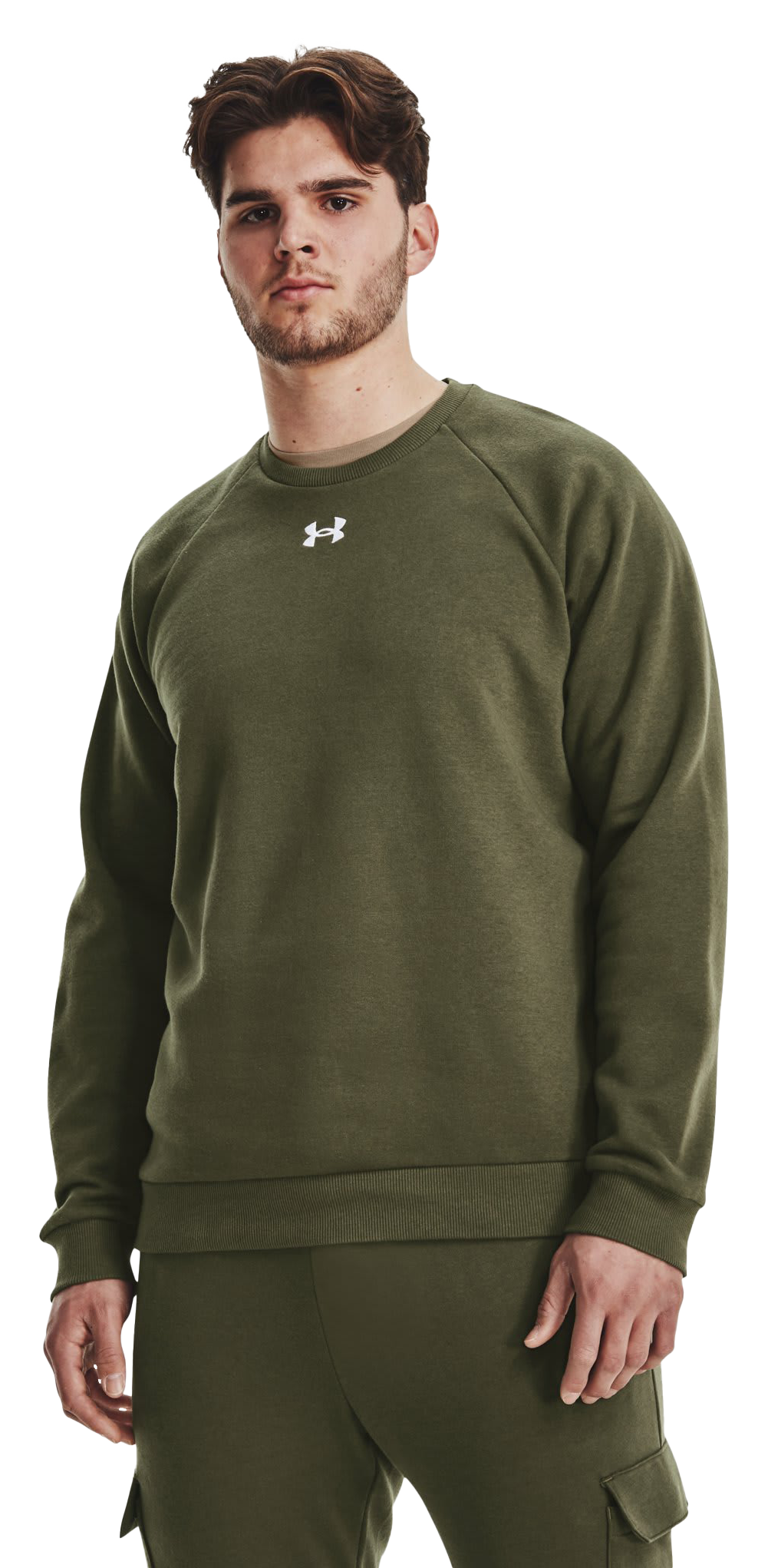 Image of Under Armour Rival Fleece Long-Sleeve Crew Shirt for Men - Marine OD Green/White - S