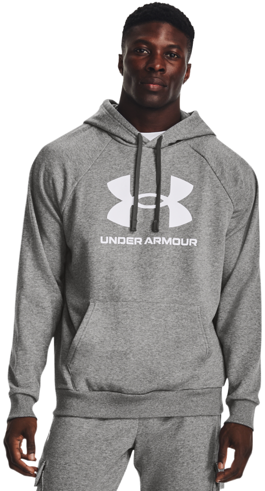 Image of Under Armour Rival Fleece Logo HD Long-Sleeve Hoodie for Men - Castlerock Light Heather/White - 4XL