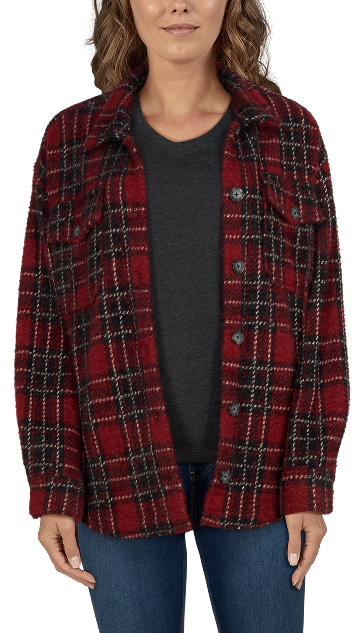 Image of Natural Reflections Plaid Shirt Jac - Red Plaid