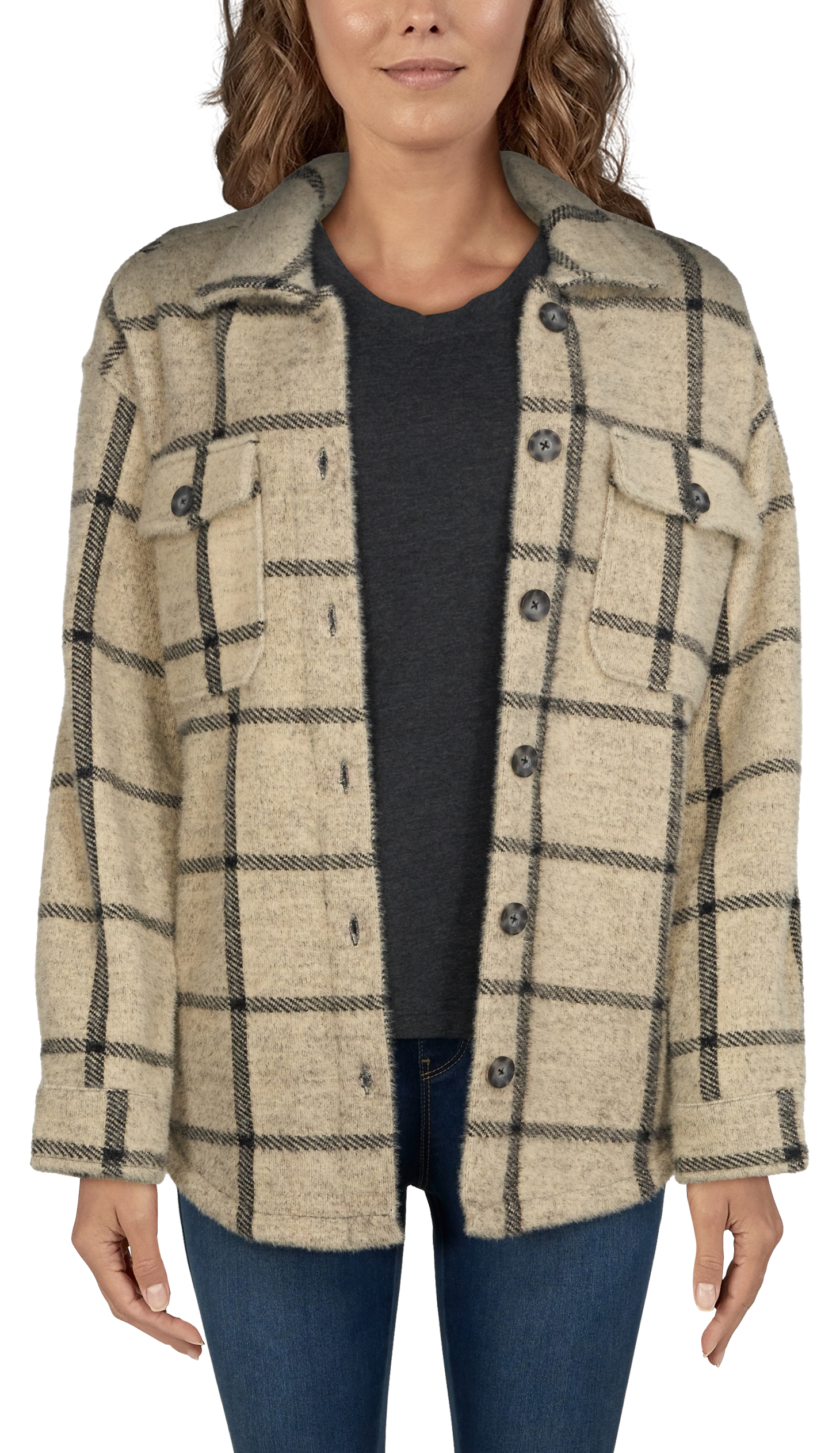 NATURAL REFLECTIONS Windowpane Long-Sleeve Shirt Jacket for Ladies