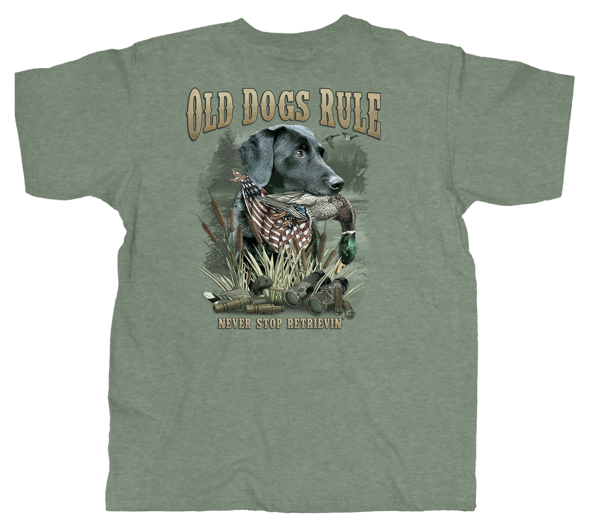 Image of Old Guys Rule Old Dogs Rule Never Stop Retrievin Short-Sleeve T-Shirt for Men - Heather Military Green - L