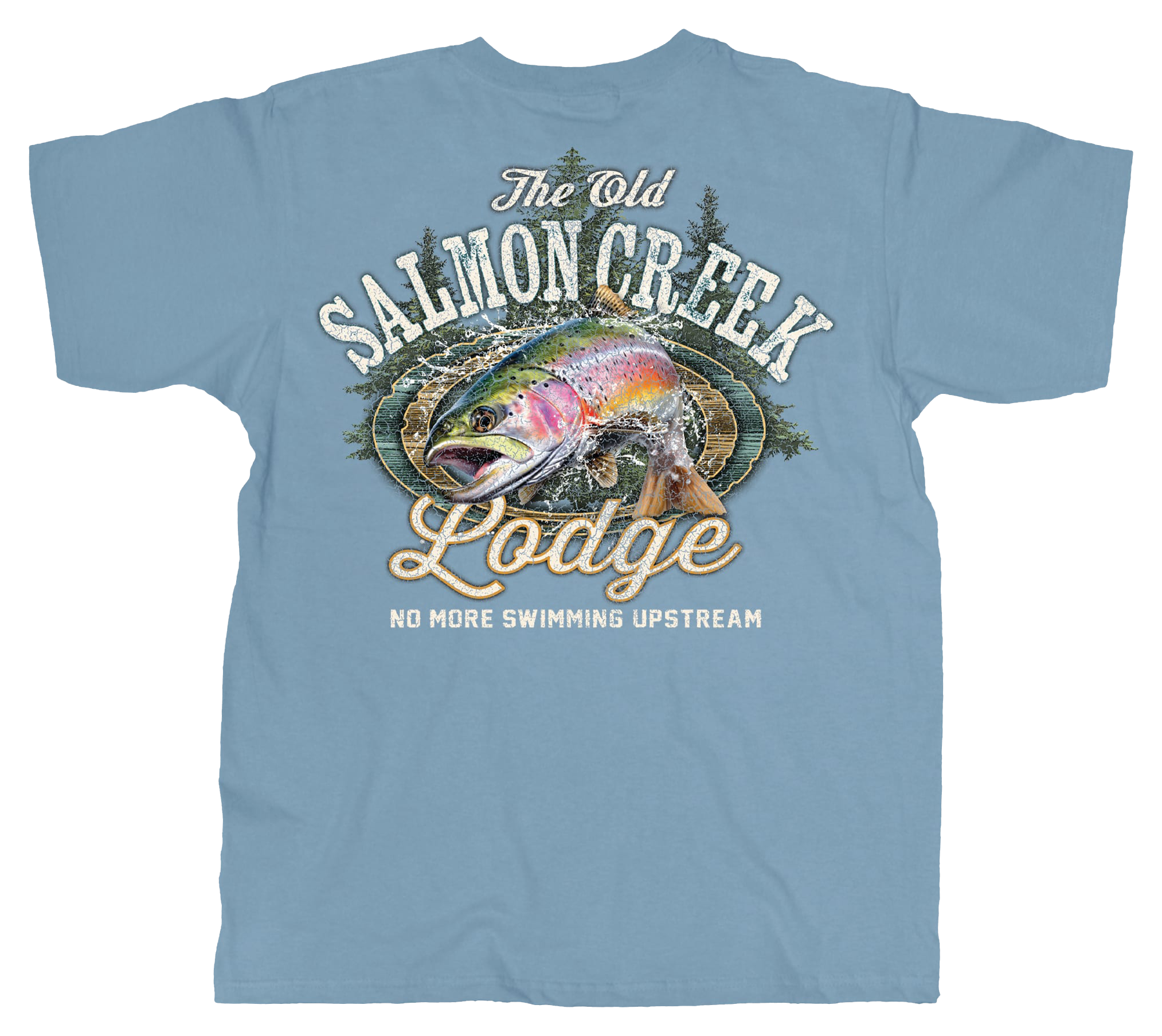 Image of Old Guys Rule Salmon Creek Lodge Upstream Short-Sleeve T-Shirt for Men - Stone Blue