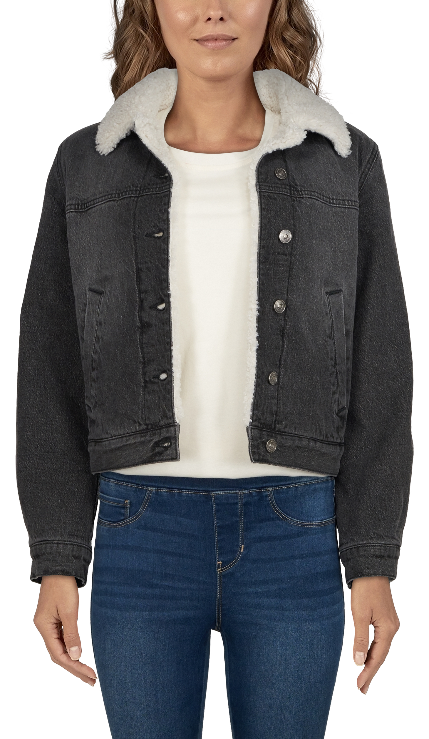 Image of Natural Reflections Denim Sherpa-Lined Bomber Jacket for Ladies - Dark Wash - S