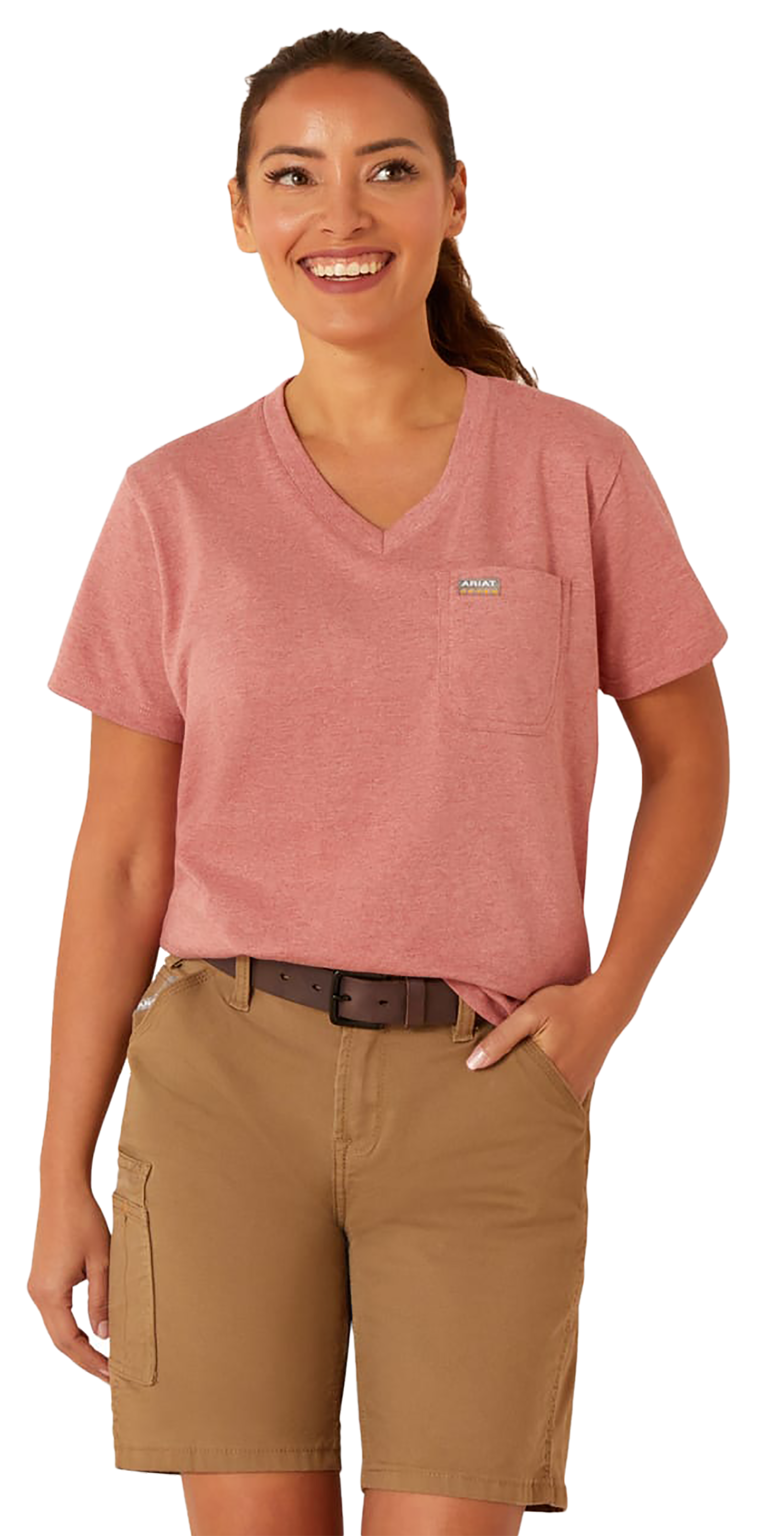 Image of Ariat Rebar Cotton Strong V-Neck Short-Sleeve T-Shirt for Ladies - Mineral Red Heather