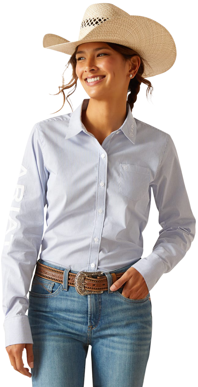 Image of Ariat Team Kirby Stretch Embroidery Long-Sleeve Button-Down Shirt for Ladies - Ultramarine Stripe