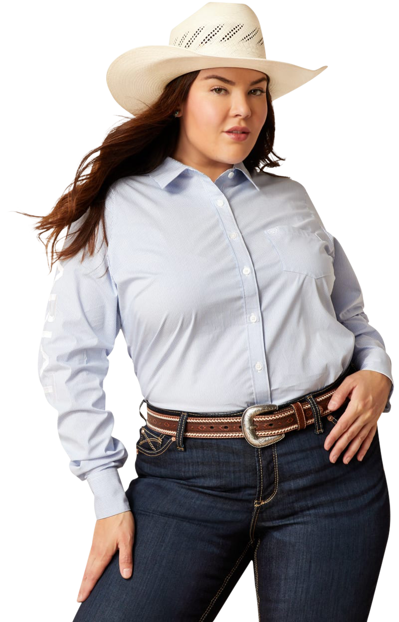 Image of Ariat Team Kirby Stretch Embroidery Long-Sleeve Button-Down Shirt for Ladies - Ultramarine Stripe