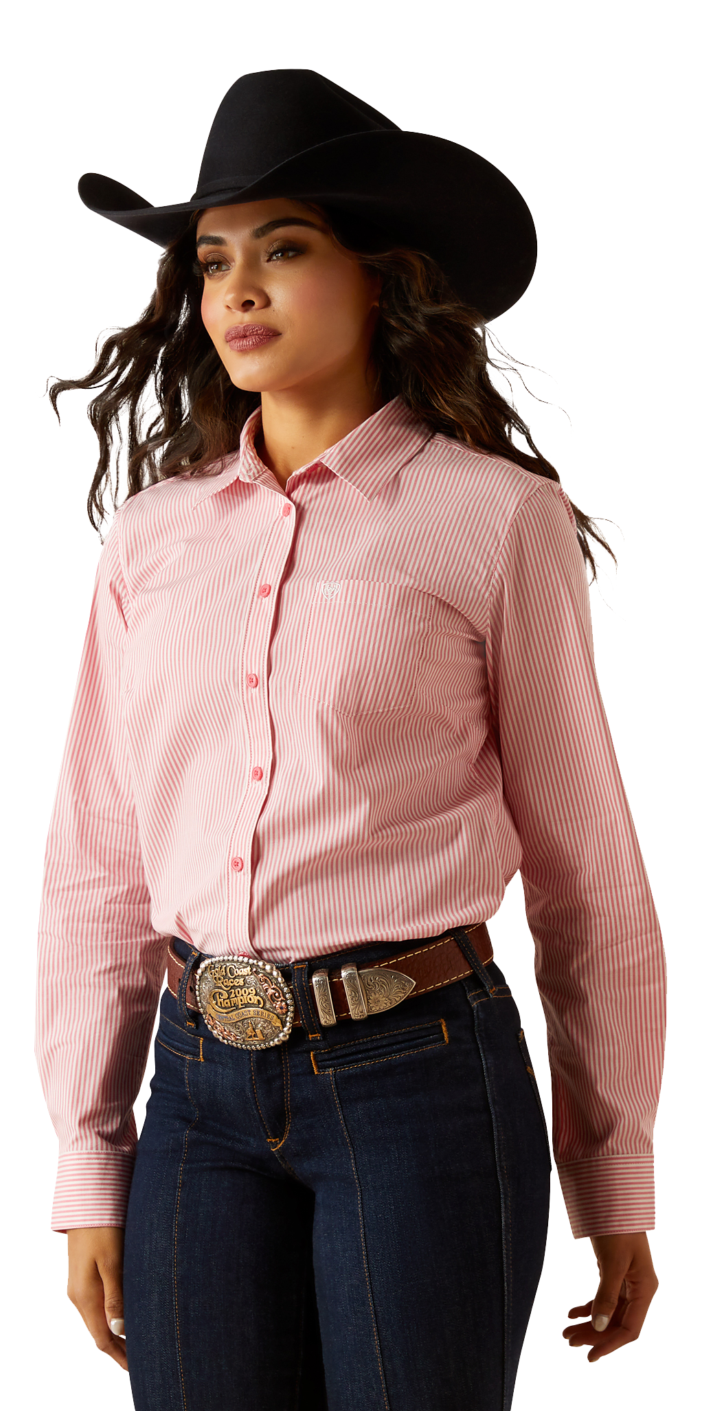 Image of Ariat Team Kirby Stretch Long-Sleeve Button-Down Shirt for Ladies - Camellia Rose Stripe