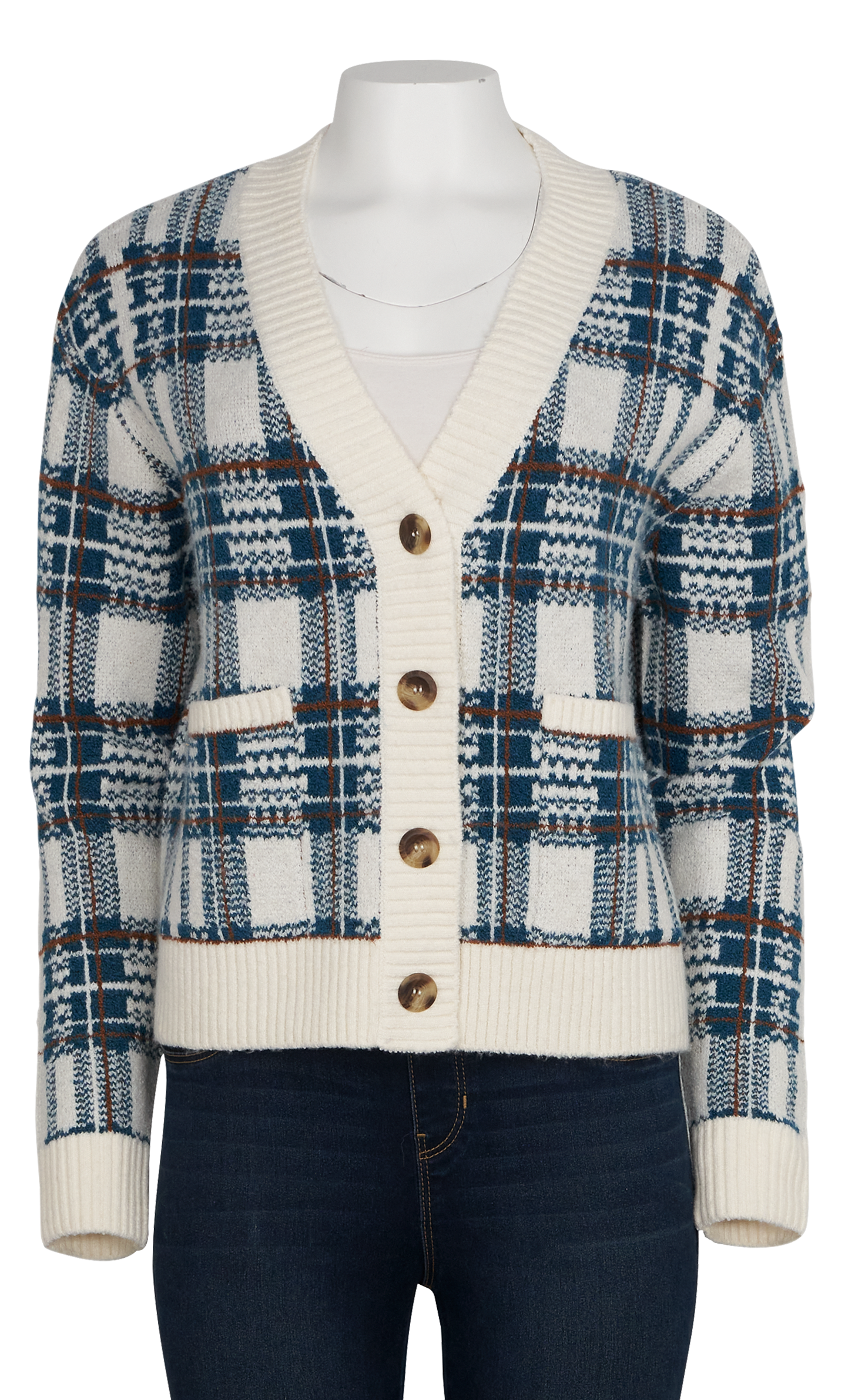 Image of Natural Reflections Plaid Sweater Cardigan - Legion Blue