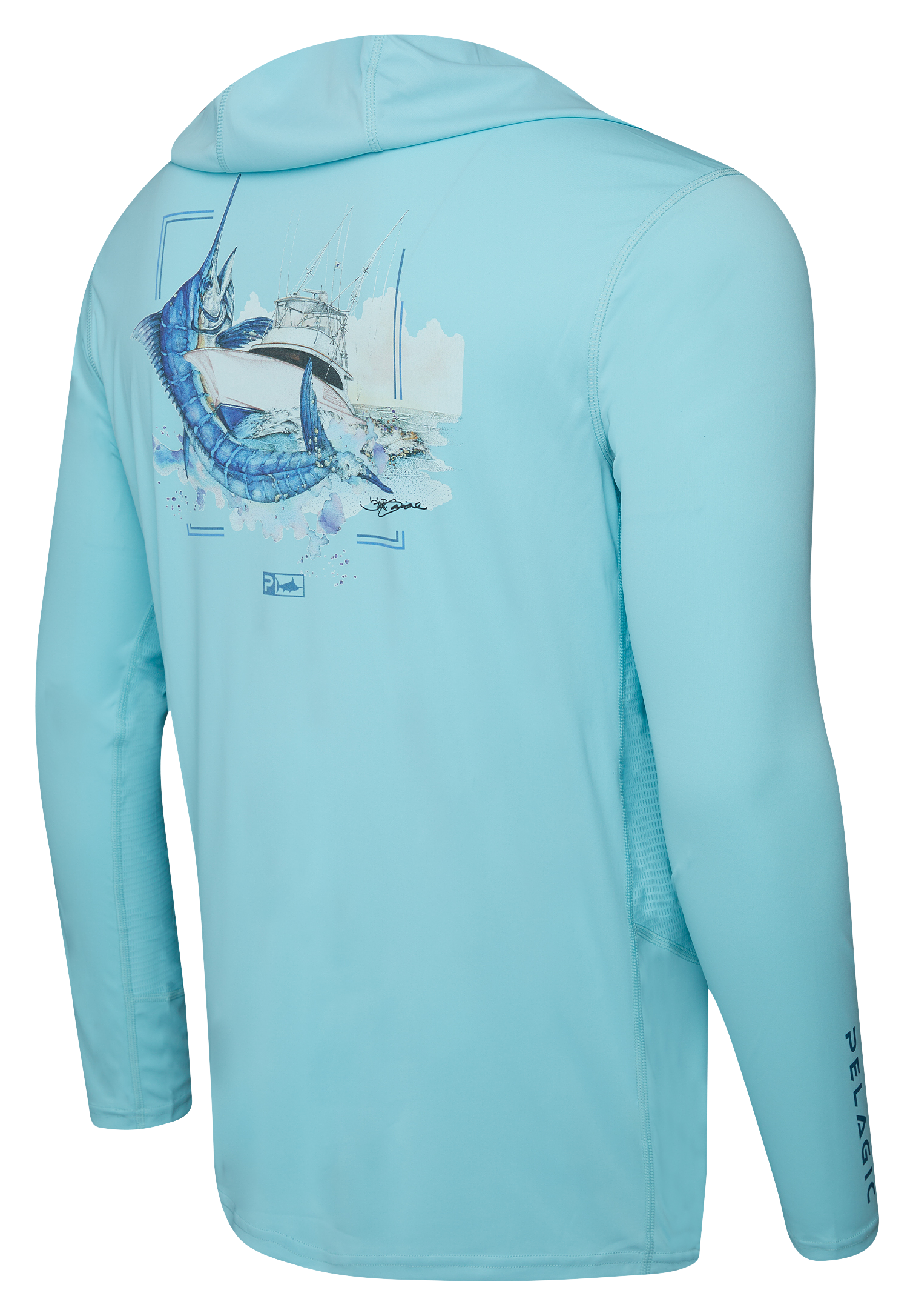 Image of Pelagic Vaportek Goione Boat Hooded Long-Sleeve Fishing Shirt for Men - Tahiti Blue - S