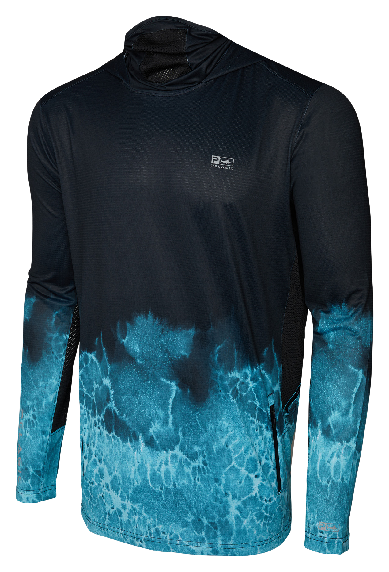 Image of Pelagic Exo-Tech Prop Wash Hooded Long-Sleeve Fishing Shirt for Men - Prop Wash/Tahiti Blue - 2XL