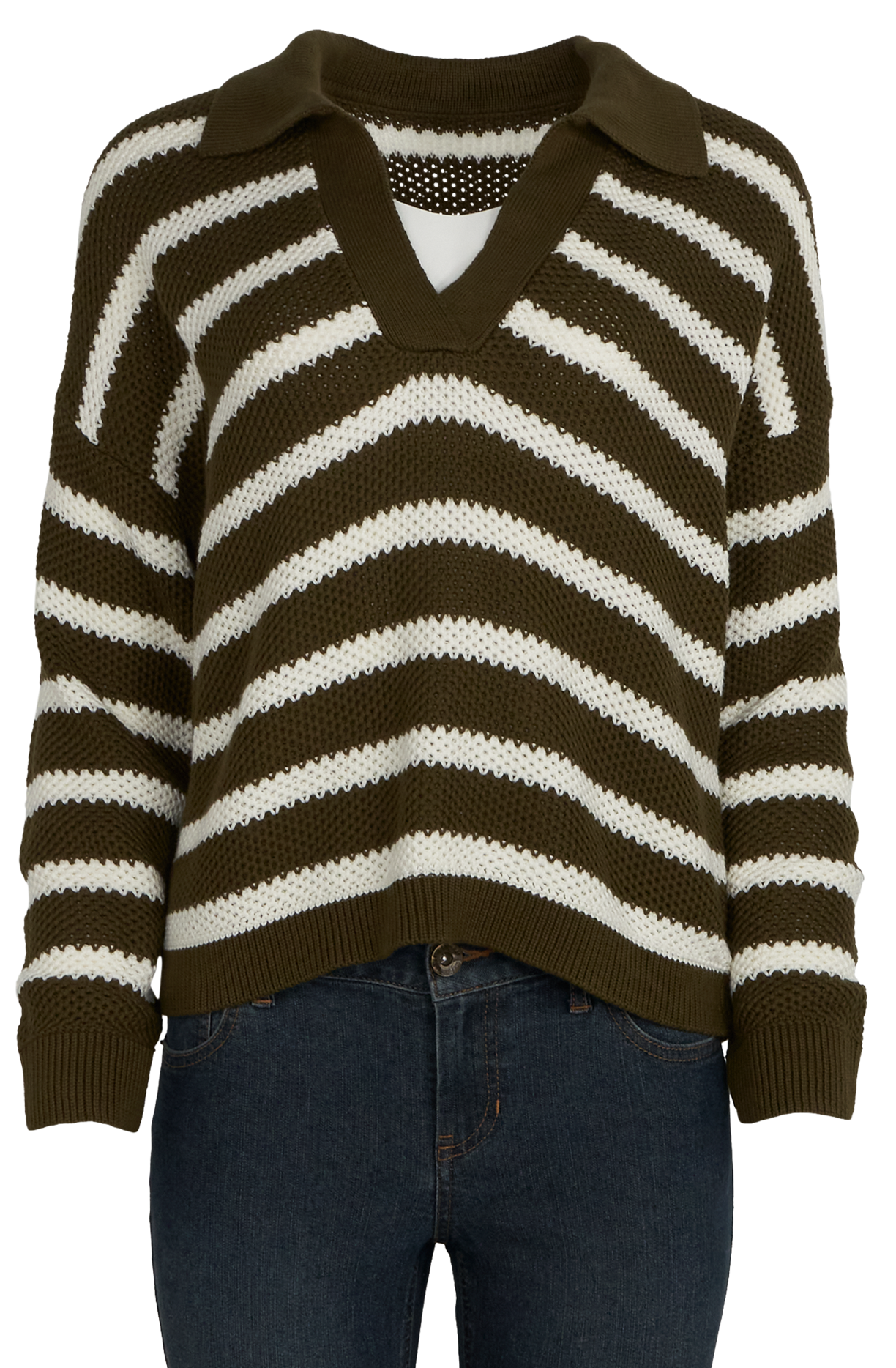 Image of Natural Reflections Riviera Collared Long-Sleeve Sweater - Dark Olive Stripe